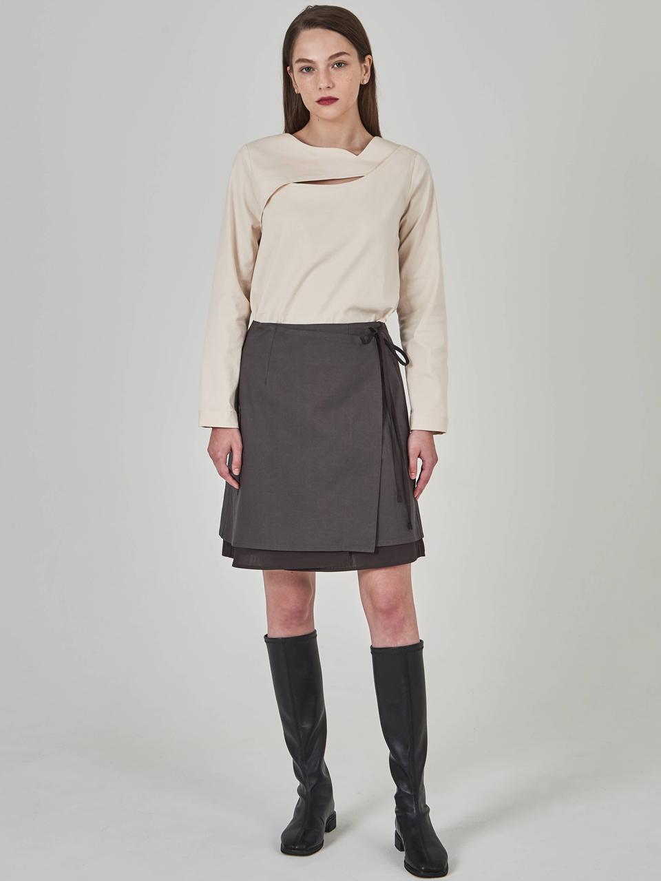 Layered Wrap Cotton-Rayon Skirt [Grey]