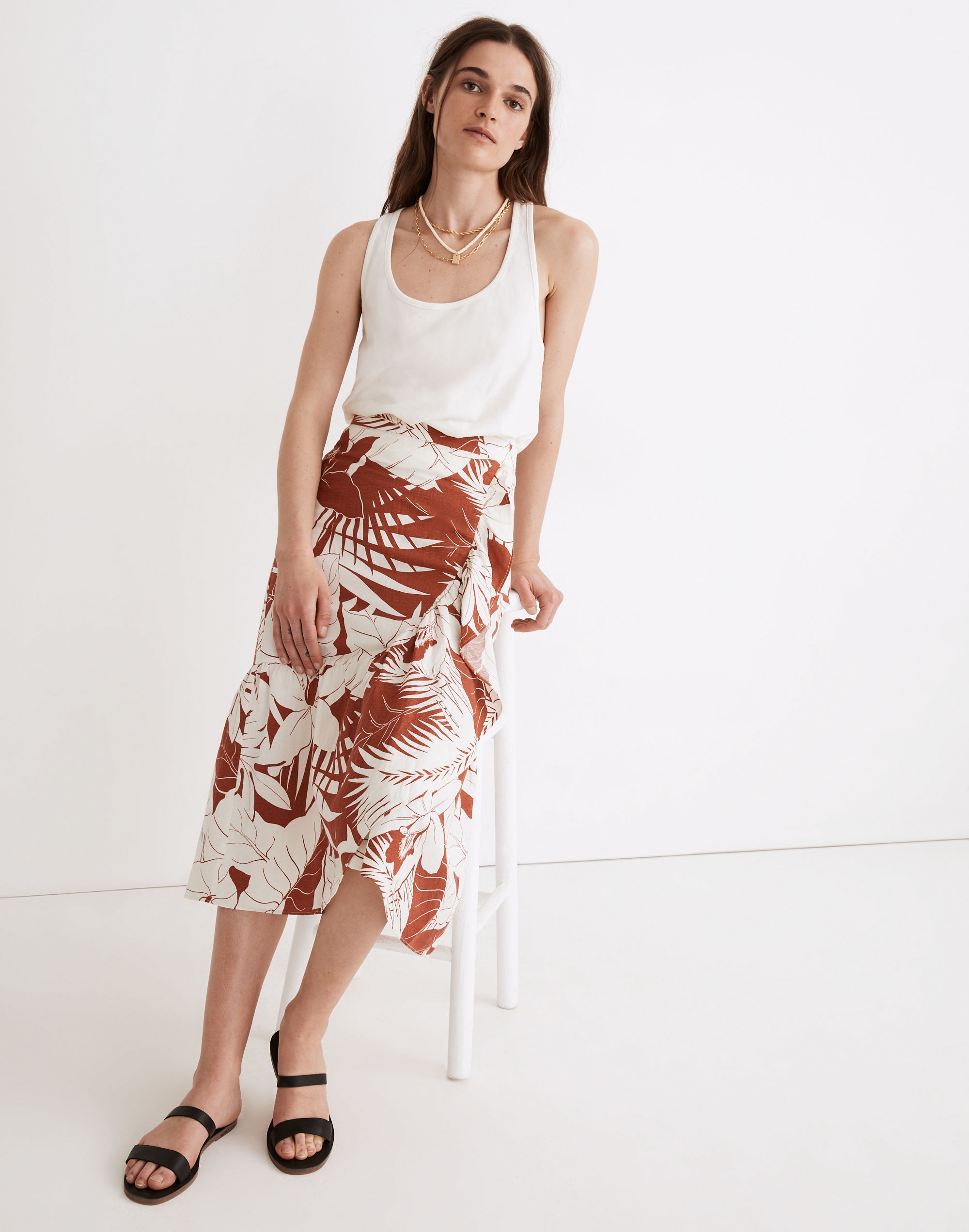 Linen-Blend Ruffle-Wrap Midi Skirt in Tropical Vacation