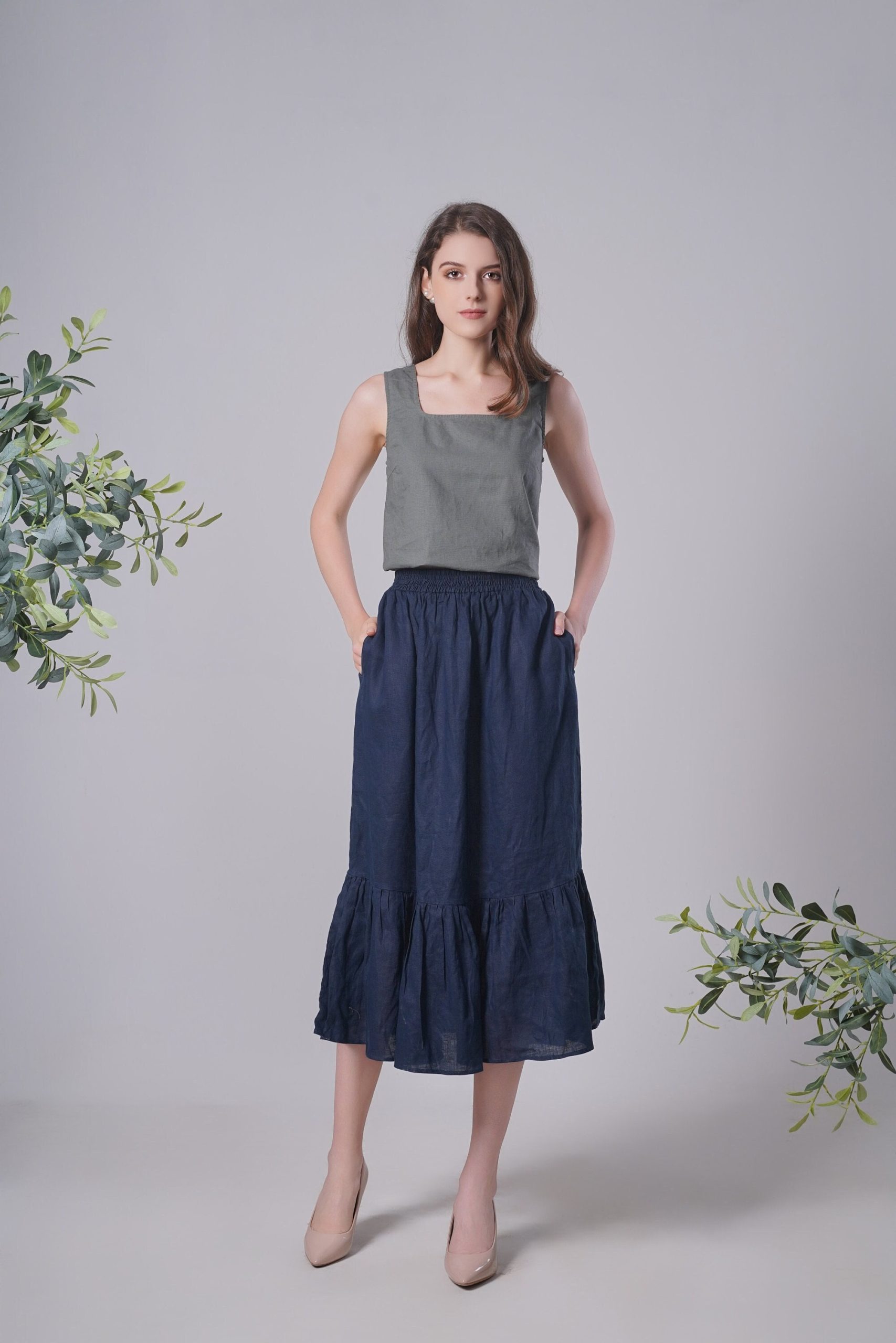 Linen Skirt Tulip, Summer Skirt, Midi Length, Elastic Waistband Soft Washed Handmade Dark Blue