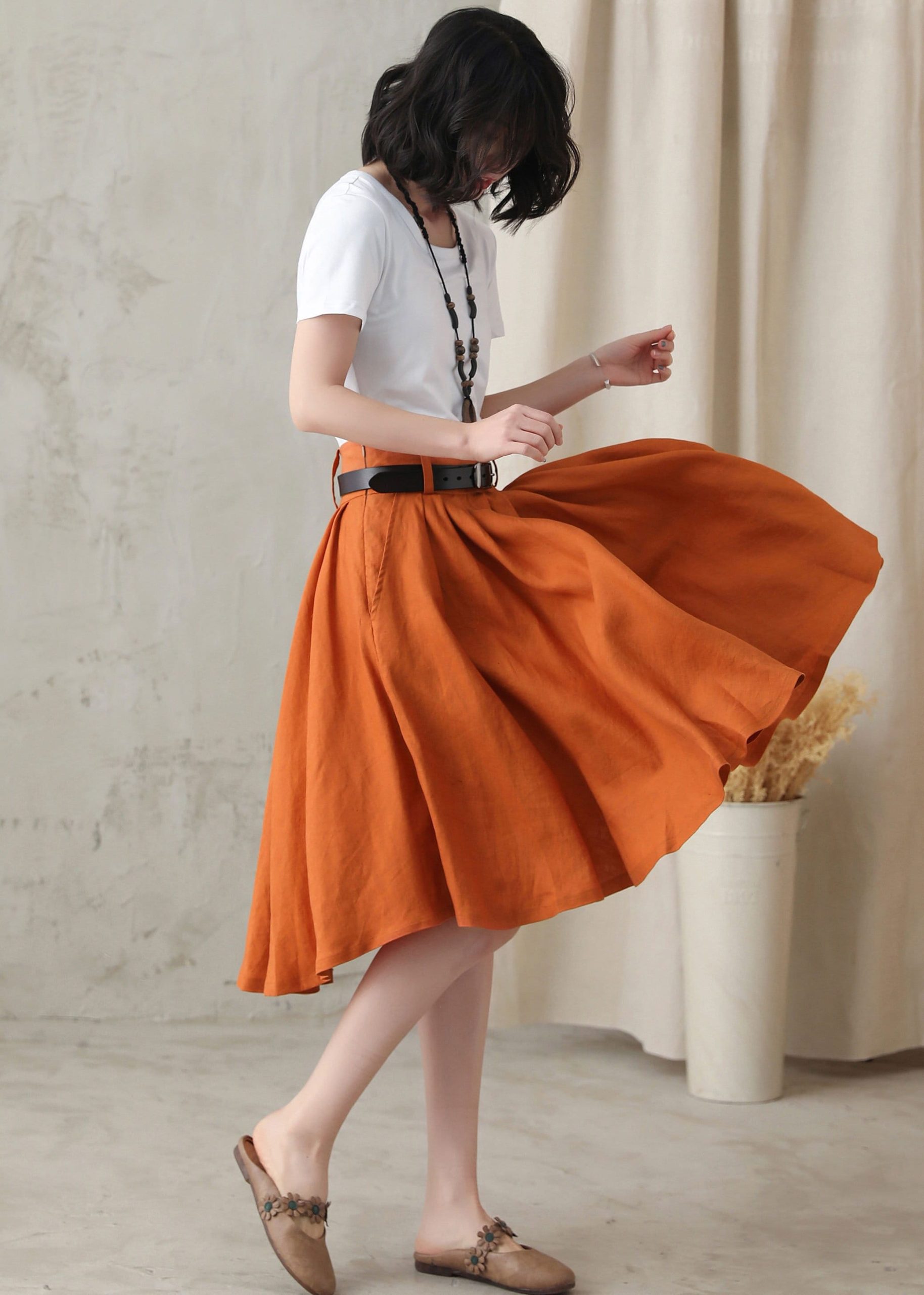 Linen Skirt, Women Circle Skirt, Knee Length Swing Skater Summer Pleated Custom Xiaolizi 2816#