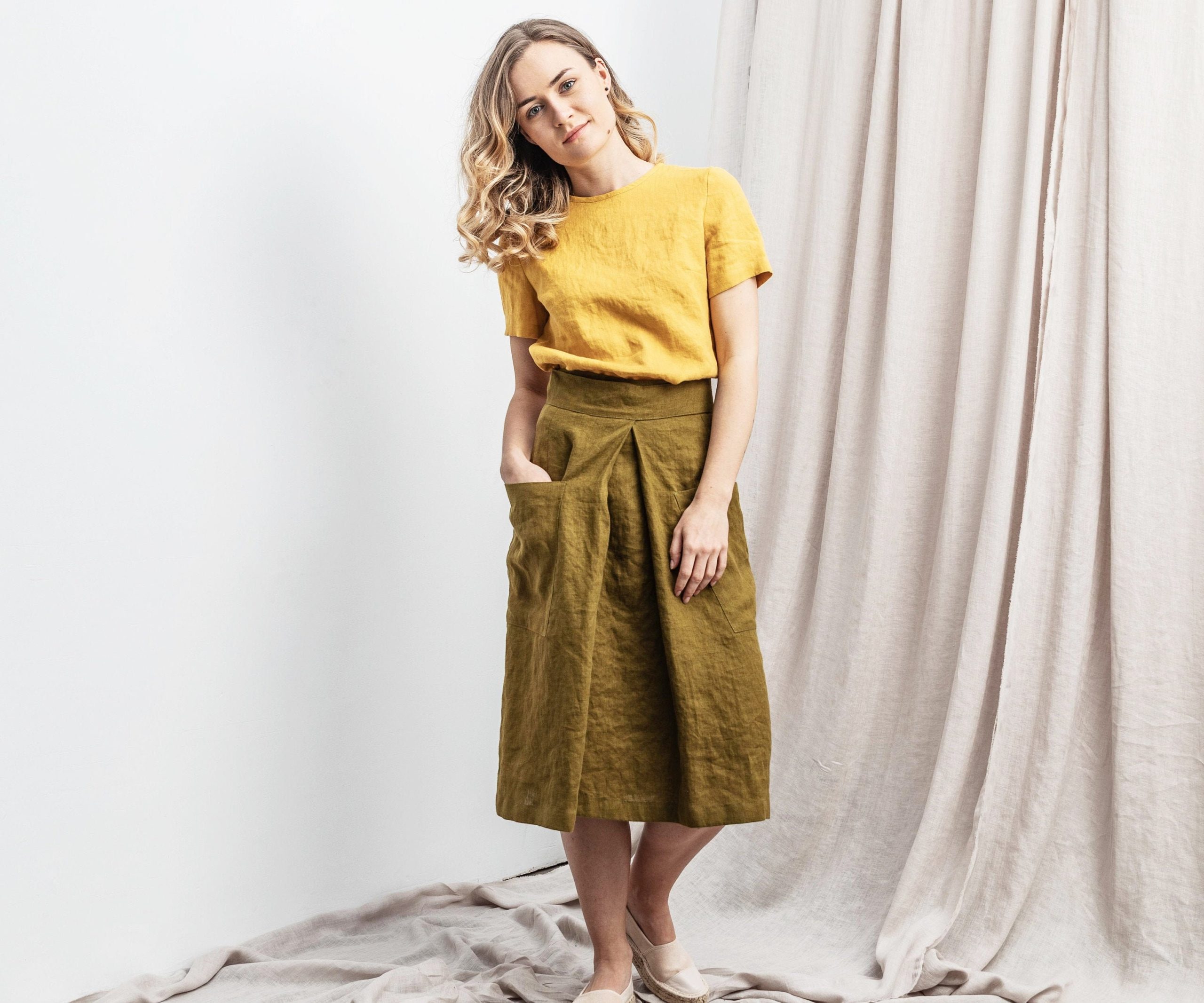 Linen Skirt. Wrap Summer Deep Pockets A Line Midi Linen Clothes. Available in 47 Colors