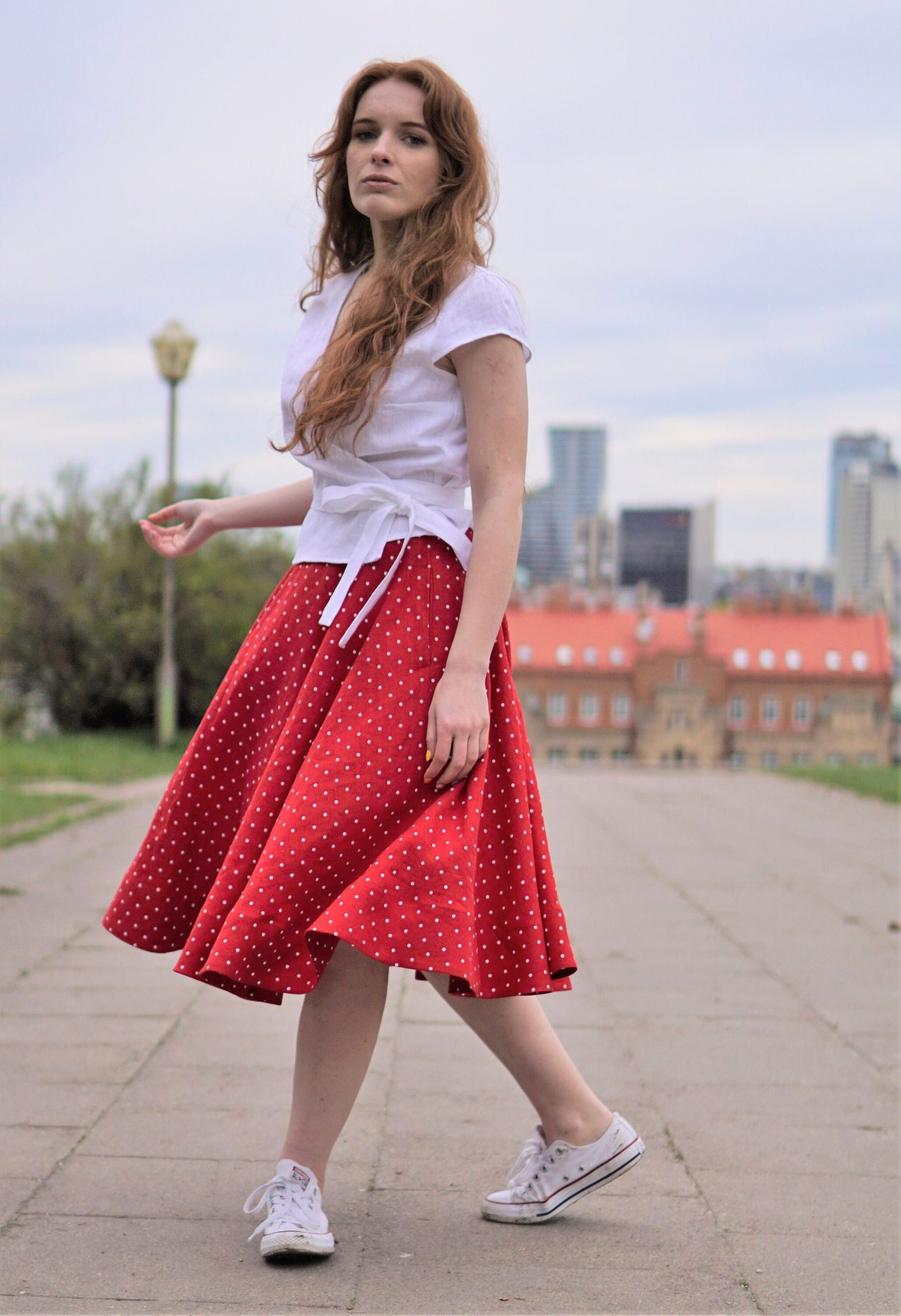 Linen Summer Skirt. Full Circle Linen A Line Skater Skirt Below The Knee Length. Red Polka Dot Flared With Pockets