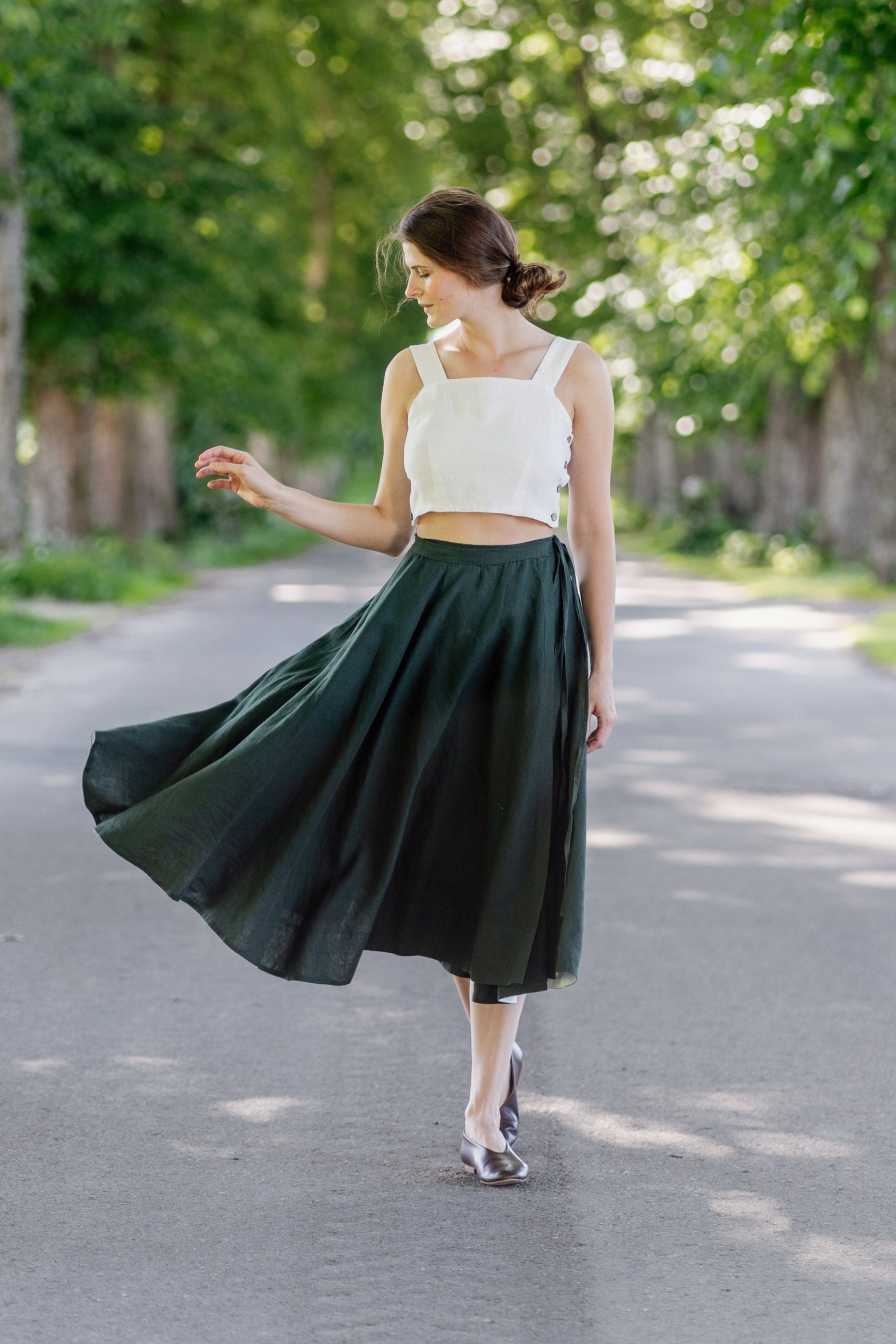 Linen Wrap Skirt | Dark Green Skirt, Midi Circle Walking Linen Clothing, Bridesmaid Mid Century Modern, Sondeflor