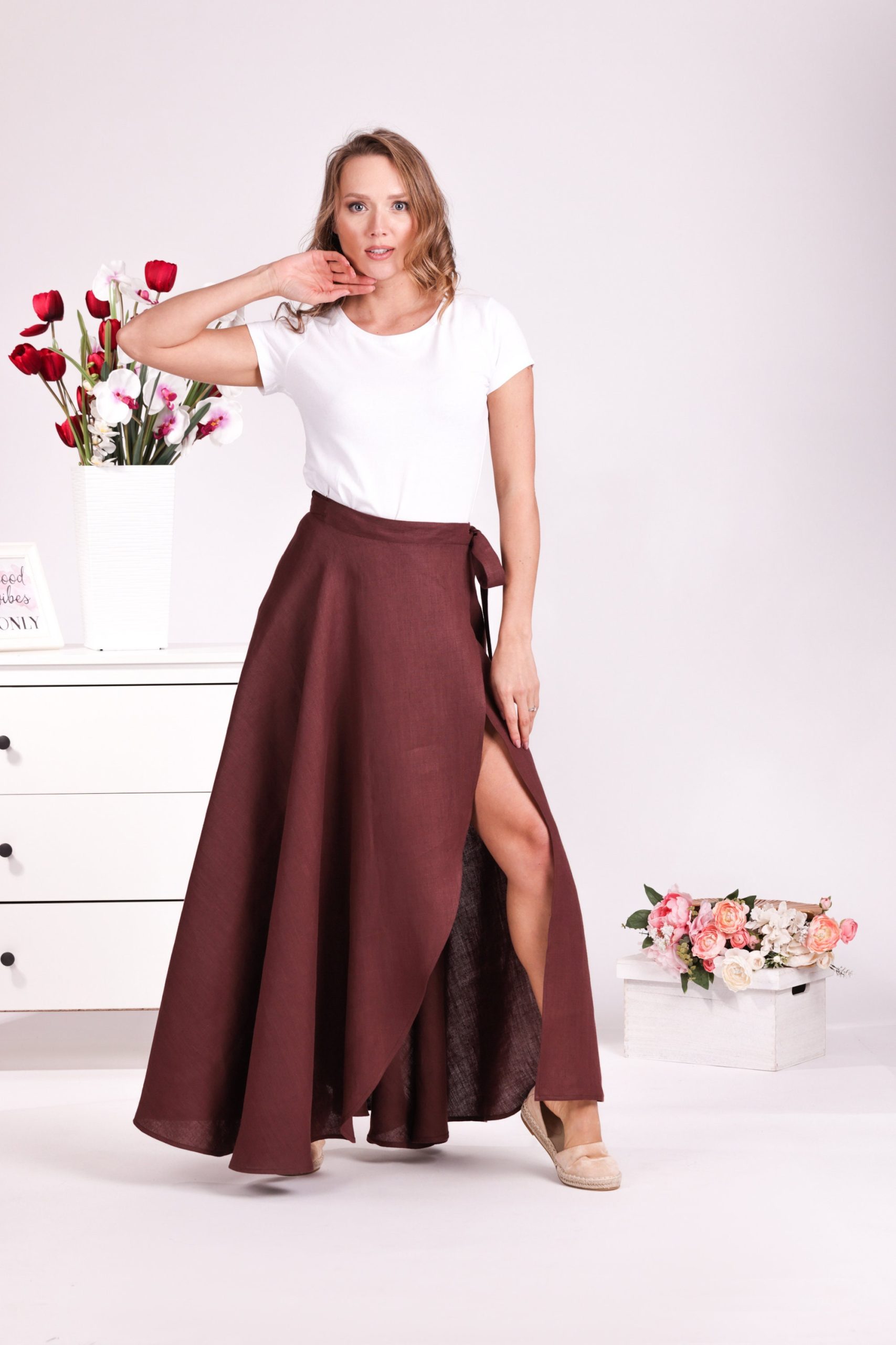 Long Linen Wrap Skirt, Flowy Tulip Summer High-Waisted Beach Plus Size Clothes, A-Line Layered Skirt