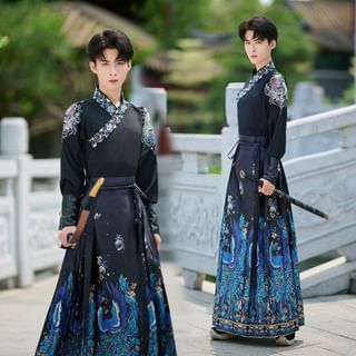 Long-Sleeve Embroidered Wrap Hanfu Top / Print Maxi Ma Mian Skirt / Wrist Cuff