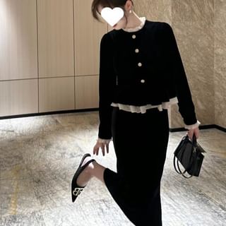 Long-Sleeve Stand Collar Peplum Panel Velvet Blouse / High Waist Plain Midi A-Line Skirt / Mock Two Piece Dress / Set