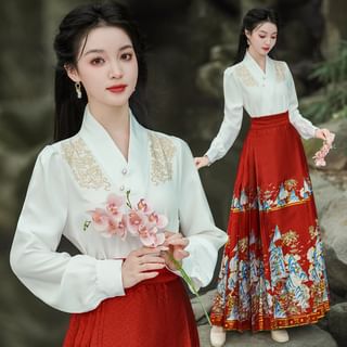 Long Sleeve V-Neck Embroidered Wrap Blouse / High Waist Patterned Print Pleated Maxi Hanfu Skirt