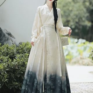 Long Sleeve V-Neck Plain Embroidered Wrap Blouse / High Waist Chinese Character Print Pleated A-Line Hanfu Skirt / Short Sleeve Jacket / Set