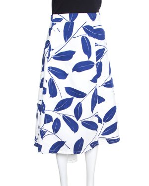 Marni White and Blue Leaf Print Cotton and Linen Drill Wrap Skirt M