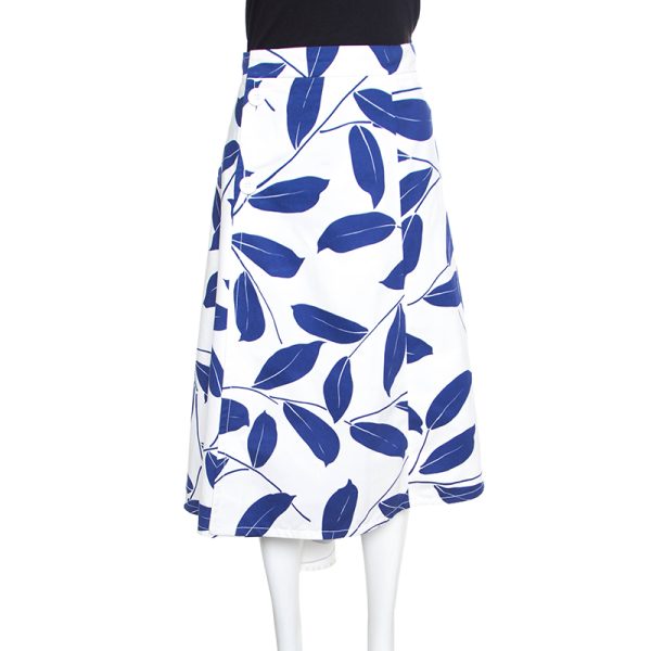 Marni White and Blue Leaf Print Cotton and Linen Drill Wrap Skirt M