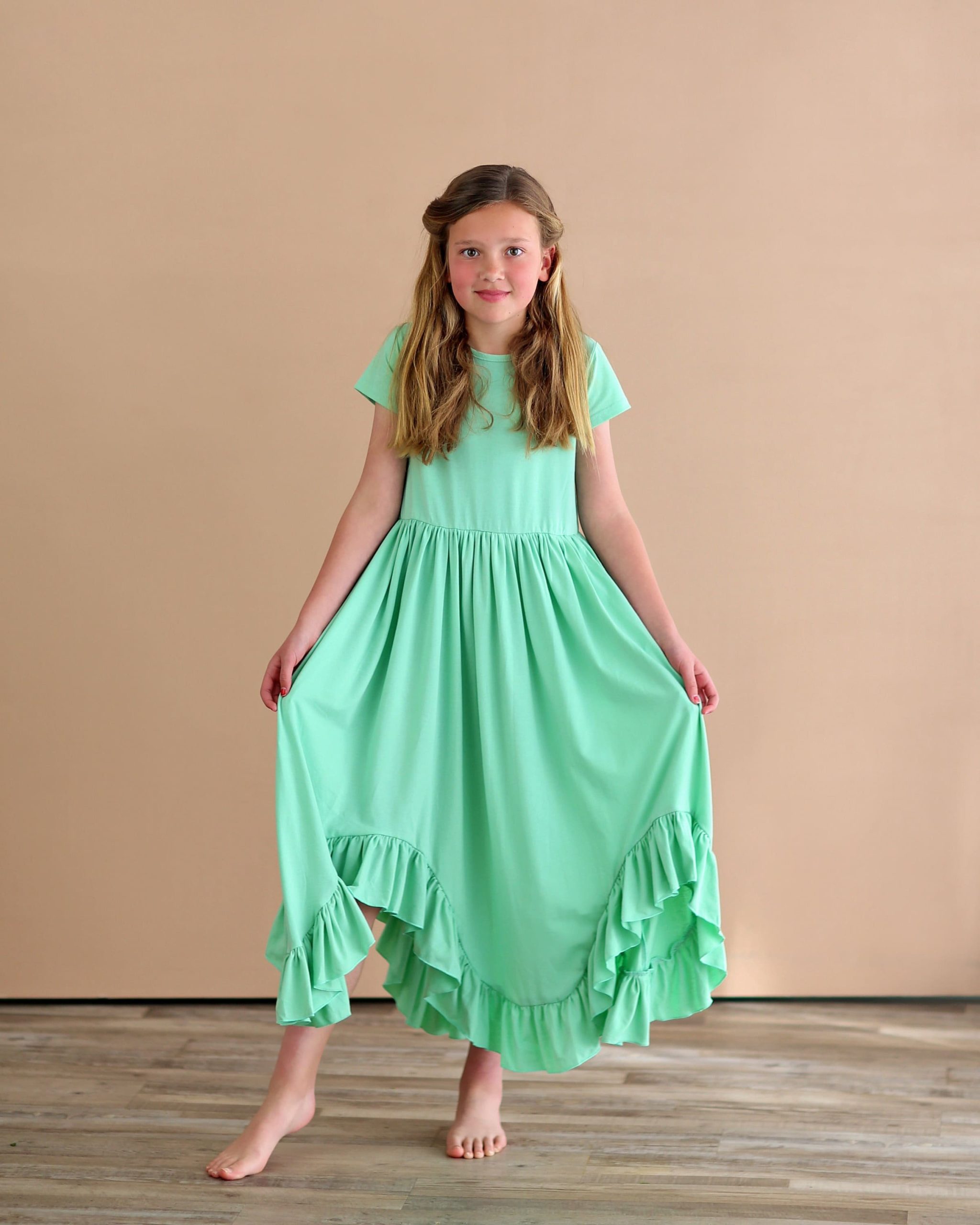 Mint Boho Dress - Long Ruffle High-Low Hem Full Skirt Red Green Twirly