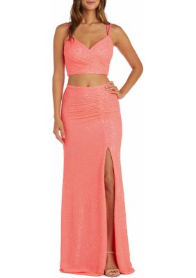 Morgan & Co Women's 2Pc All Over Sequin Mock Wrap Top W Double Spaghetti Straps And Lace Up Back Long Skirt W Side Ruched Detail, 0