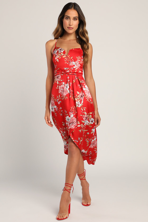 My Favorite Day Red Floral Print Tulip Skirt Midi Dress