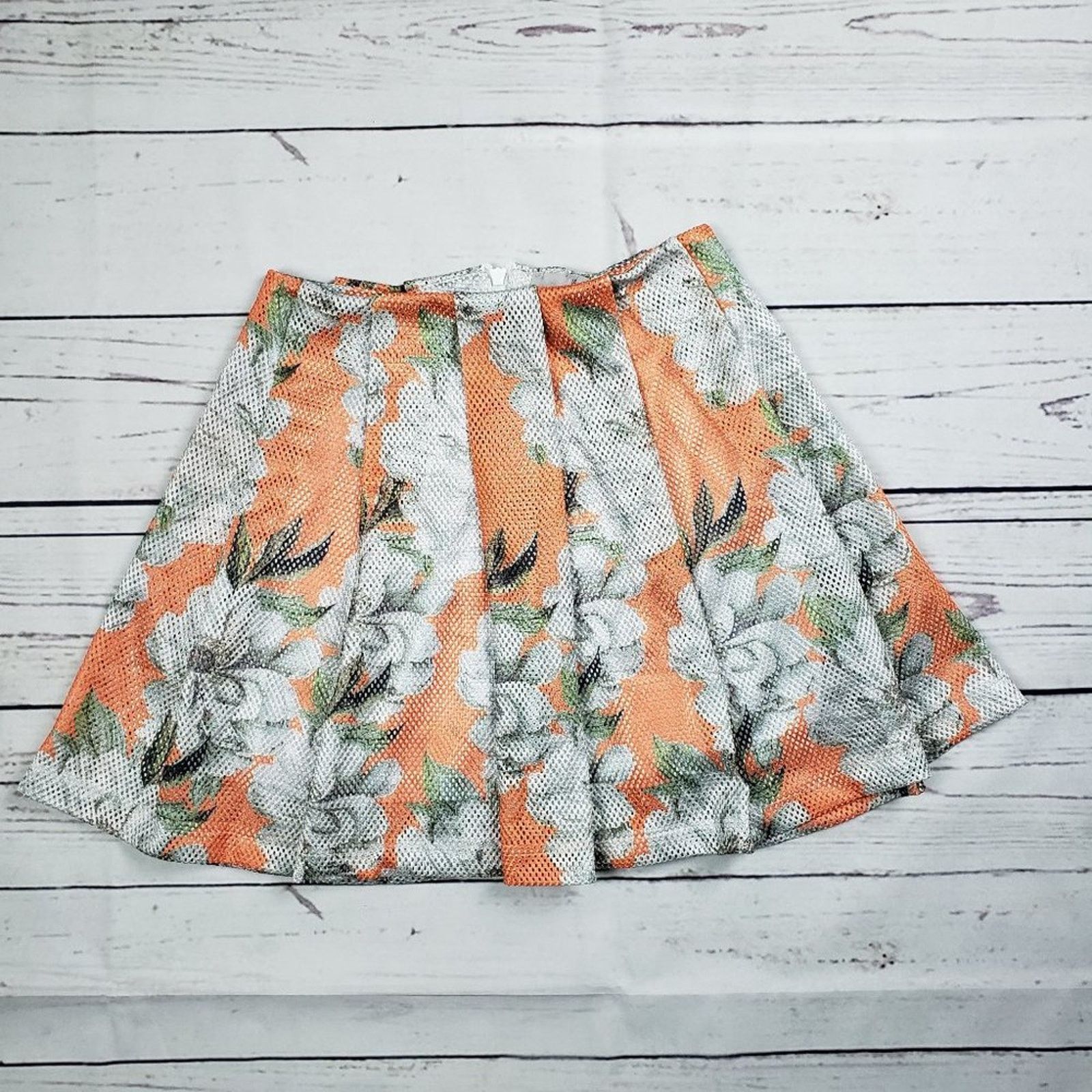 NWT Asos Mesh Pleated A-Line Skater Floral Mini Skirt 2 in Orange, Women's (Size 26)