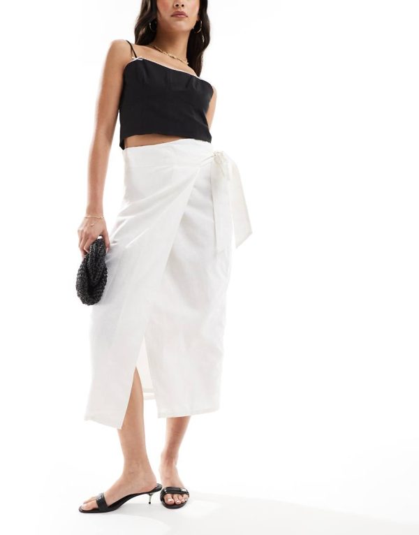 Never Fully Dressed Jaspre linen mix wrap midaxi skirt in white