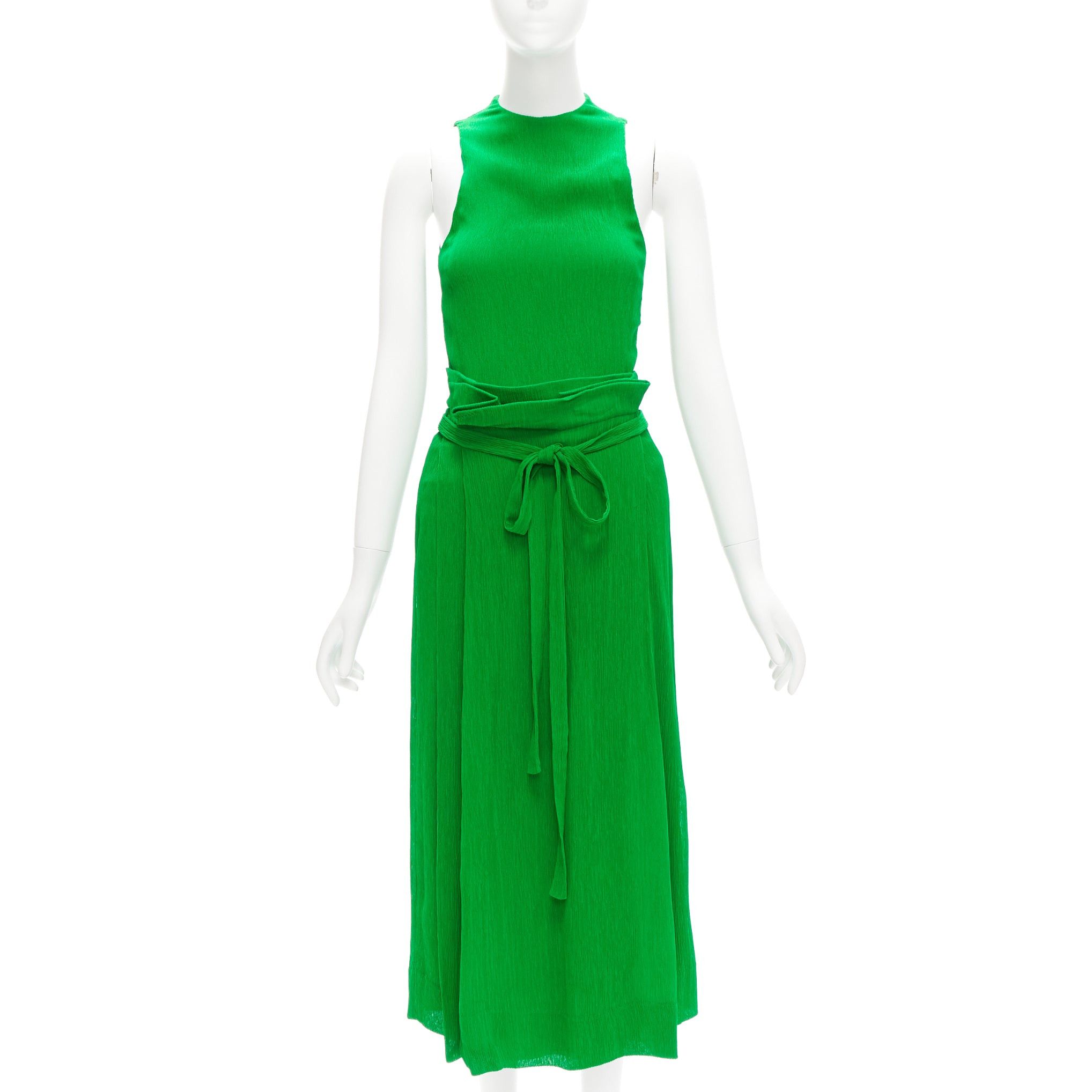 New Protagonist Kelly Green Plisse Silk Lined Tie Belt Wrap Skirt Set Us0 Xs, Women's