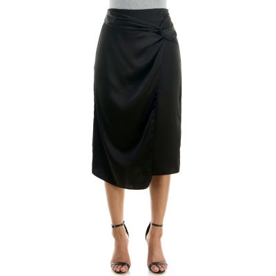 Nicole Miller Women's Solid stretch satin faux wrap skirt, Black, 4