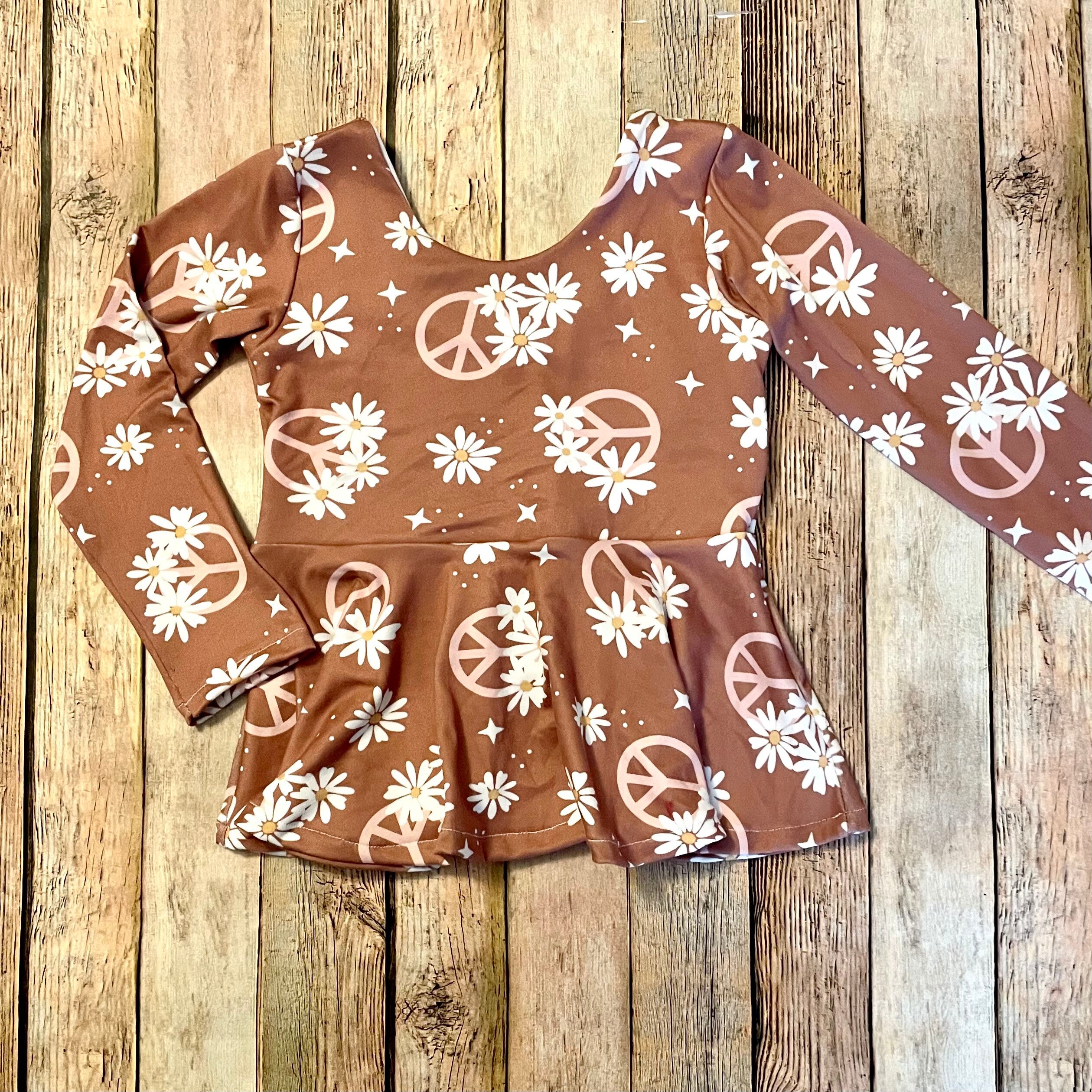 Peace Sign Boho Peplum Long Sleeve Baby Toddler Children's Skirted Ruffle Shirt - Brown With Pink Dbps Top