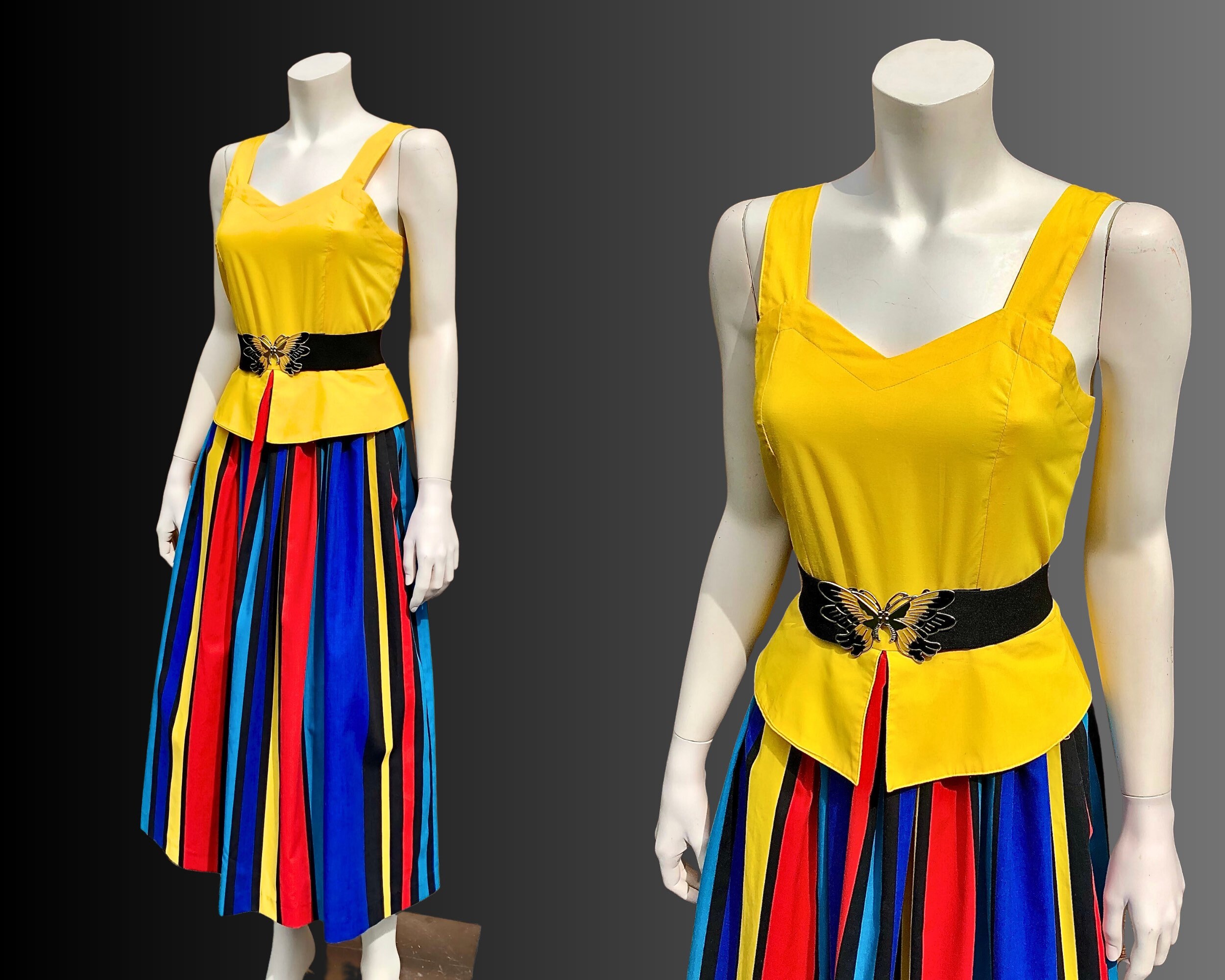 Rainbow Stripe Full Skirt Princess Peplum Dress/Nipped Waist Cotton Sun S Yellow Vintage 80S Does 50S