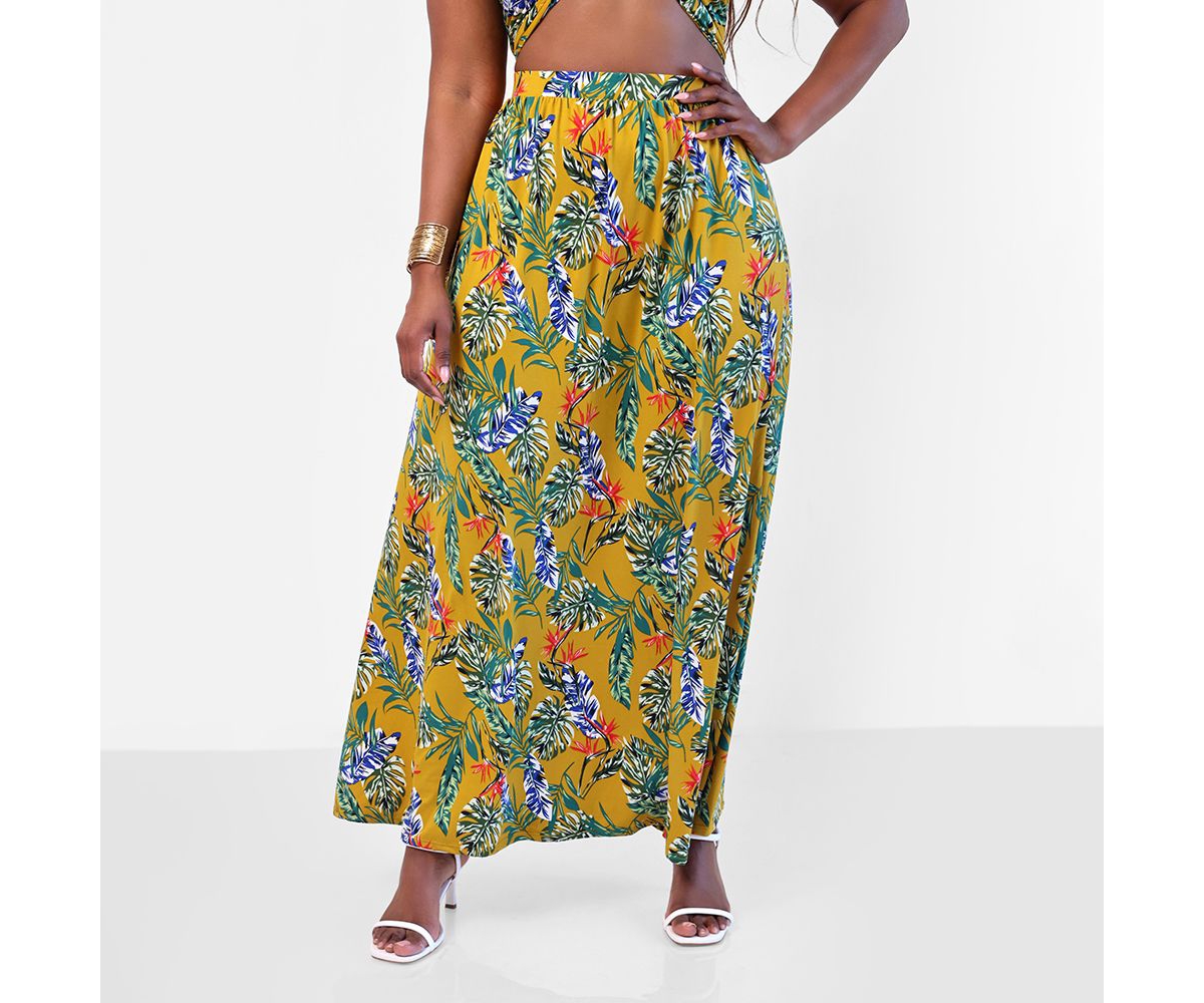 Rebdolls Plus Size Bon Voyage Tropical Print Skater Skirt - Yellow