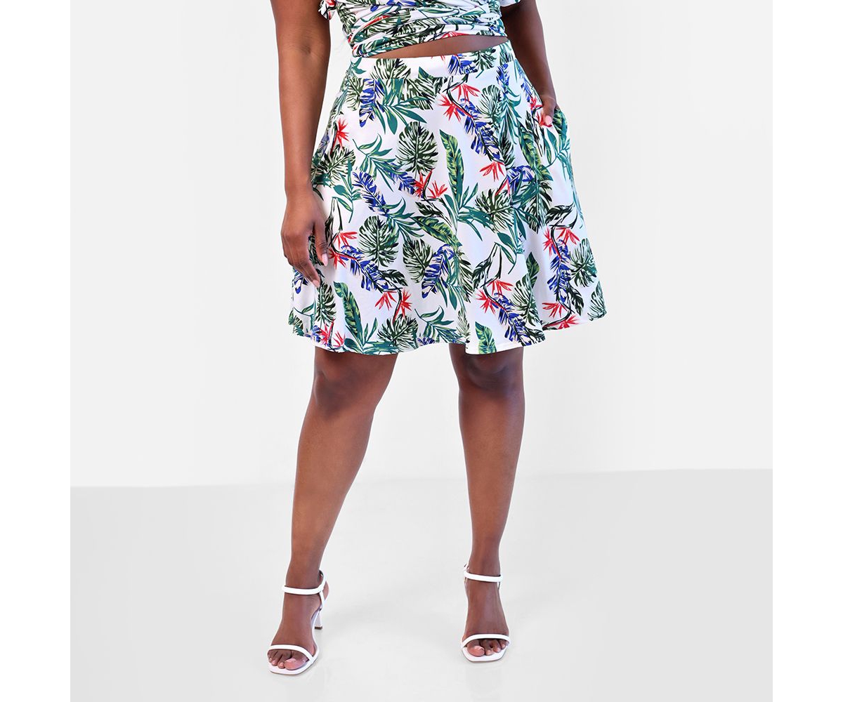 Rebdolls Plus Size Capri Tropical Print Mini Skater Skirt - Green