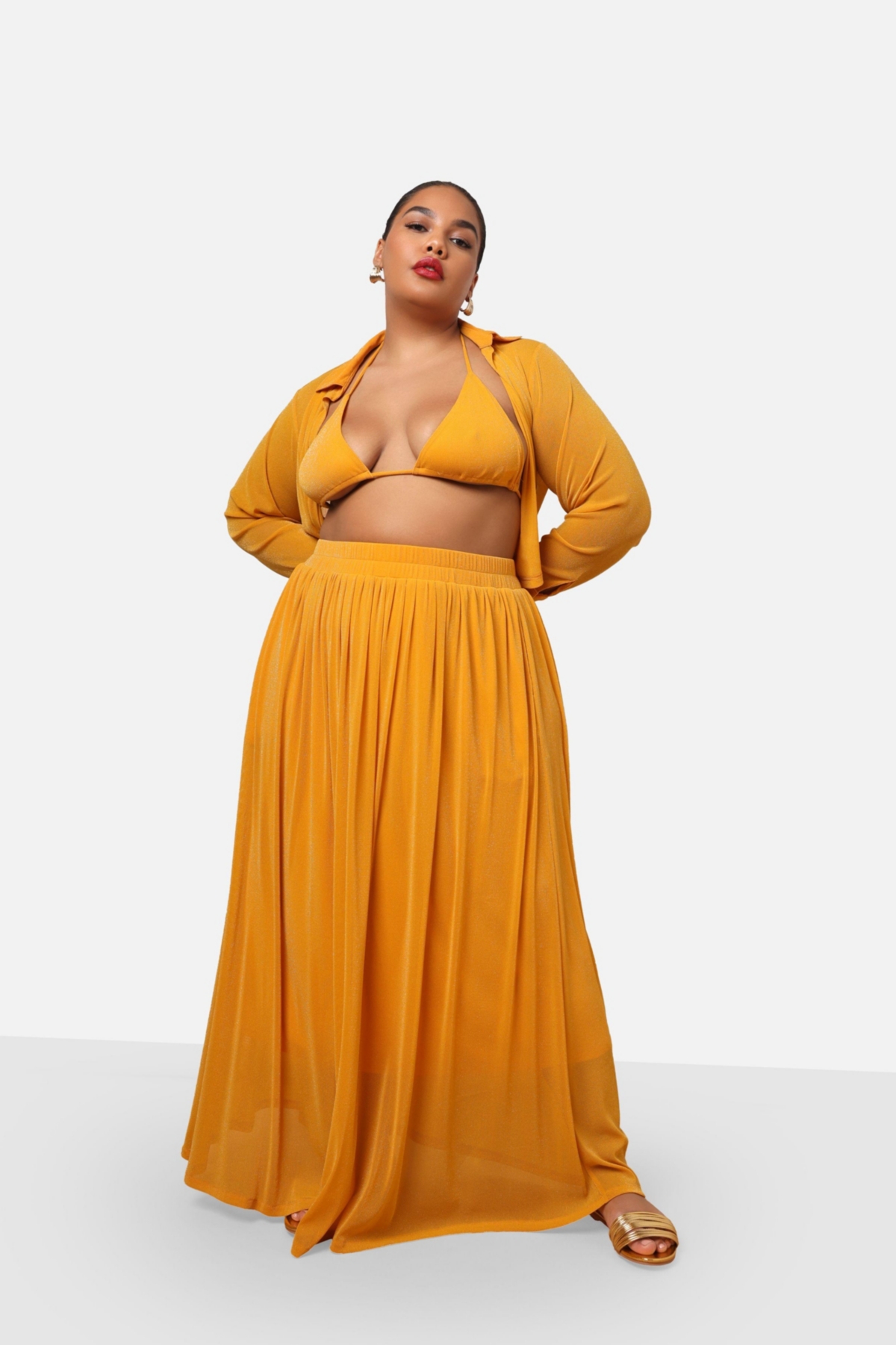 Rebdolls Plus Size Luna Glitter Mesh Maxi Skater Skirt W. Pockets - Yellow