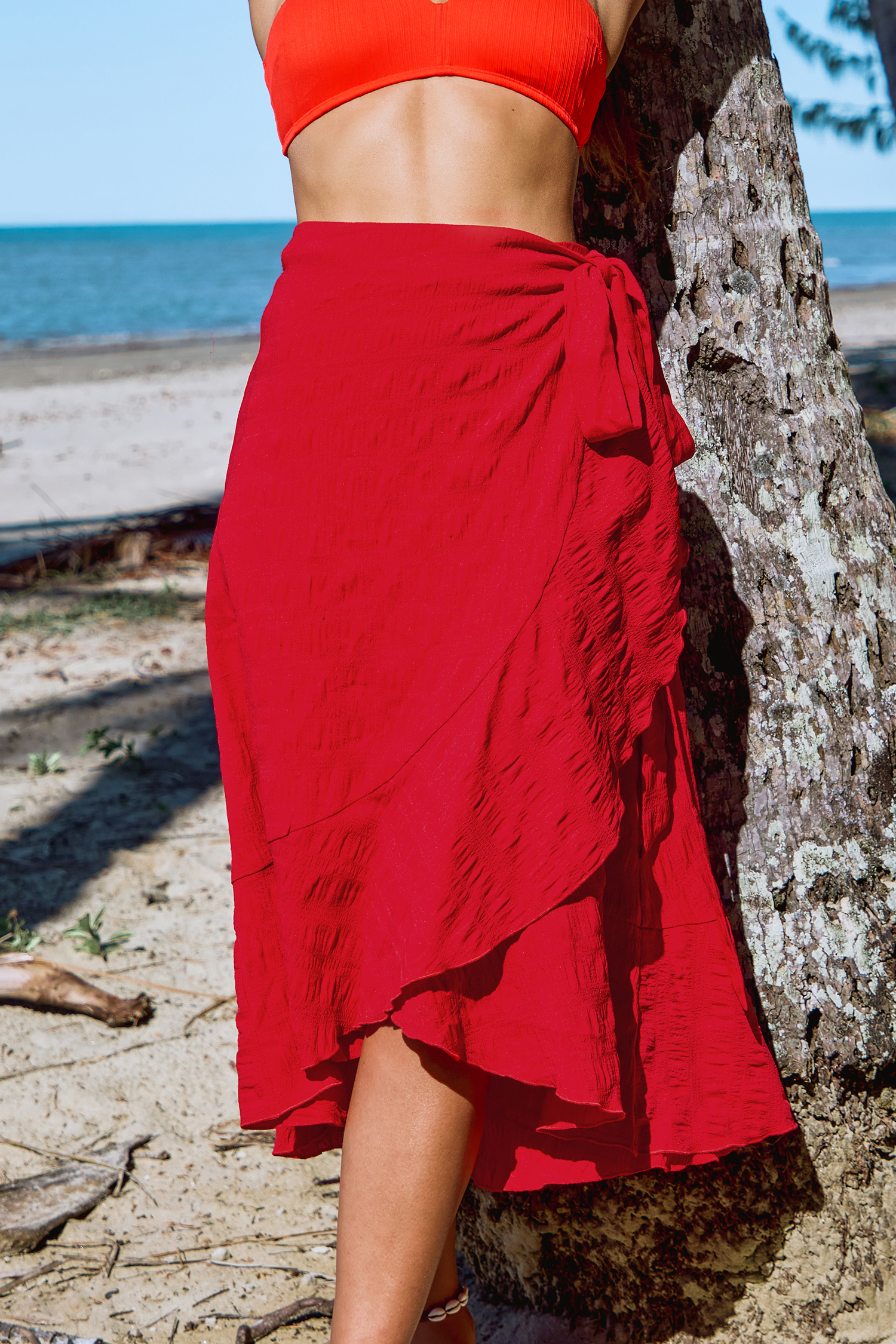 Red Asymmetrical Wrap Midi Skirt - S