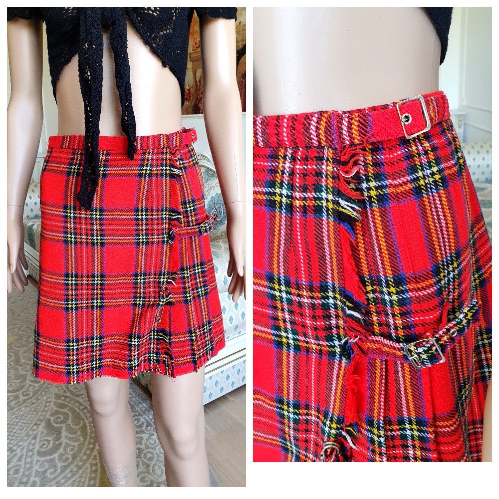 Red Wrap Skirt S Plaid Wool Tartan Women Scotland Pleated Skirt Winter Warm