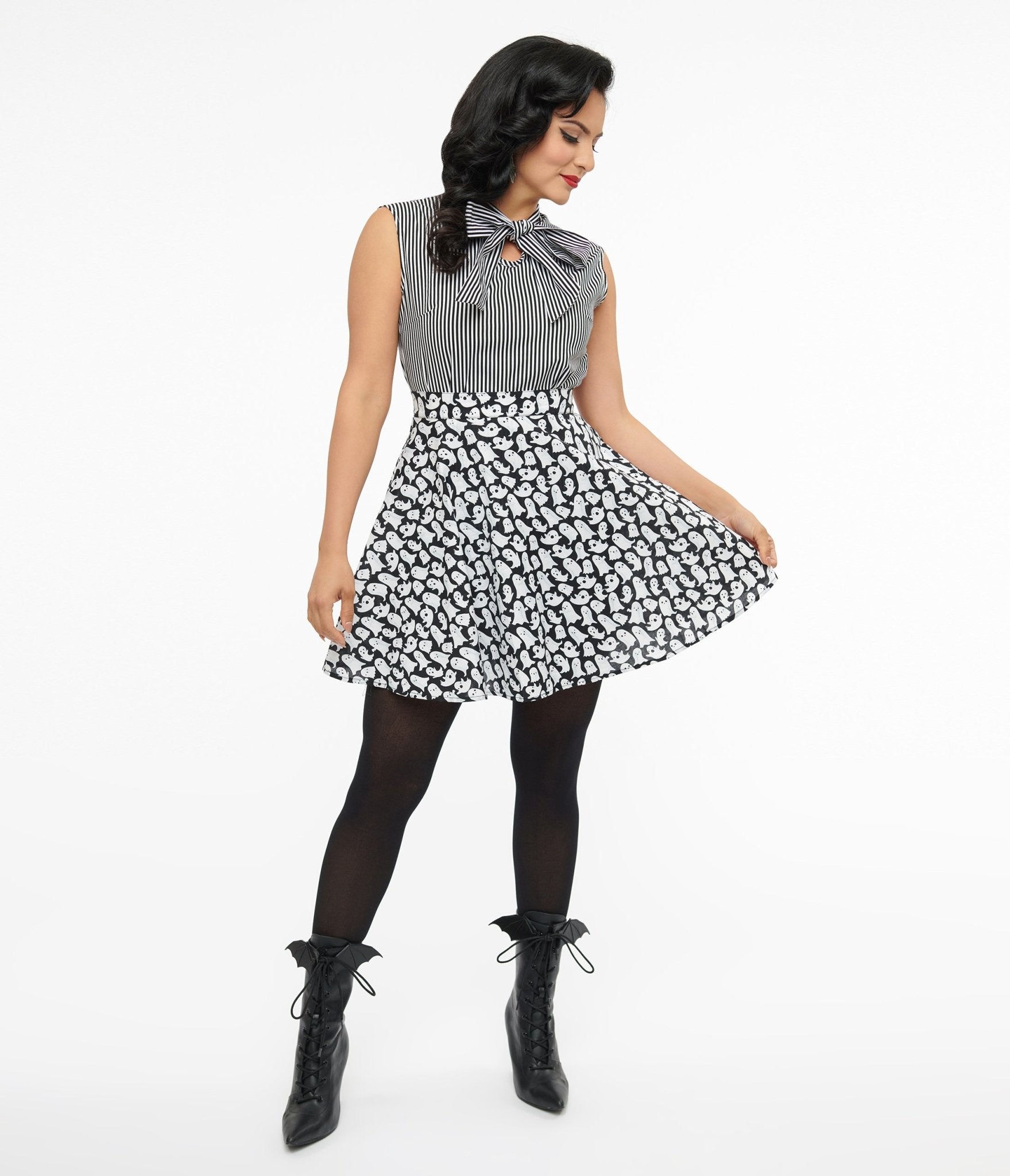 Retrolicious 1950S Black & White Ghost Print Skater Skirt