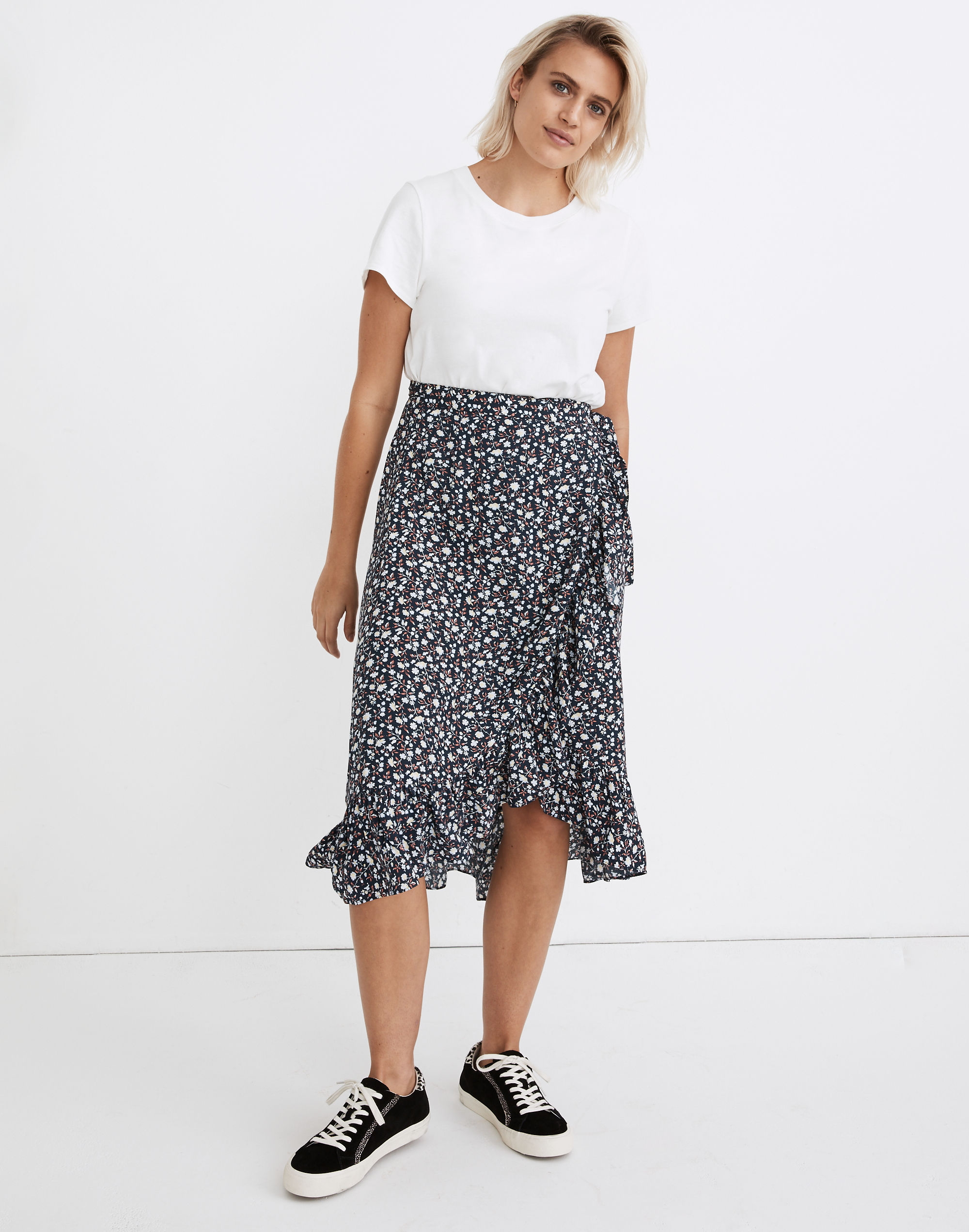 Ruffle-Edge Midi Wrap Skirt in Harvest Vine