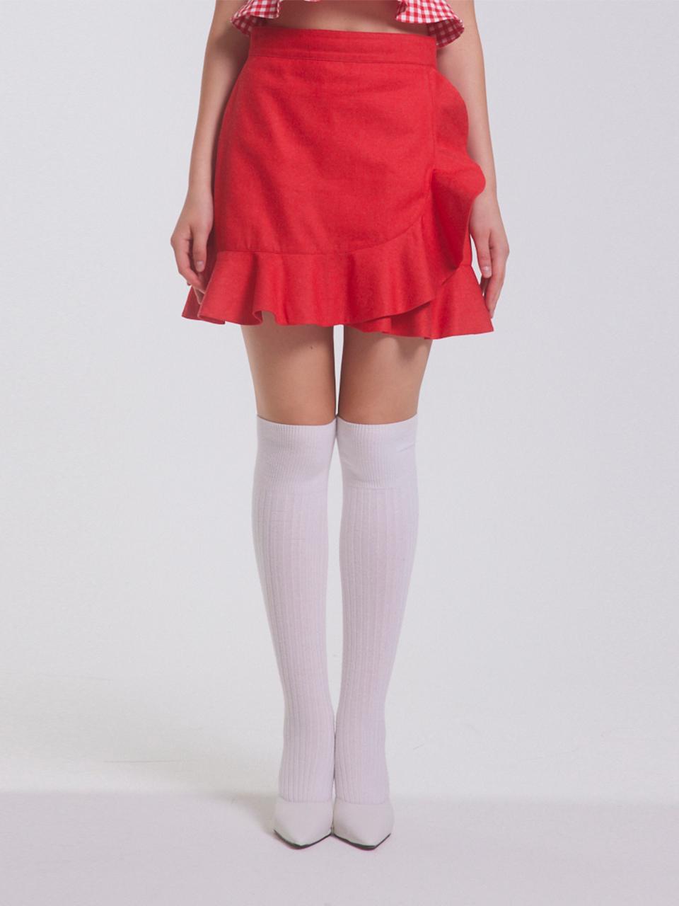 Ruffle Wrap Denim Mini Skirt [RED]