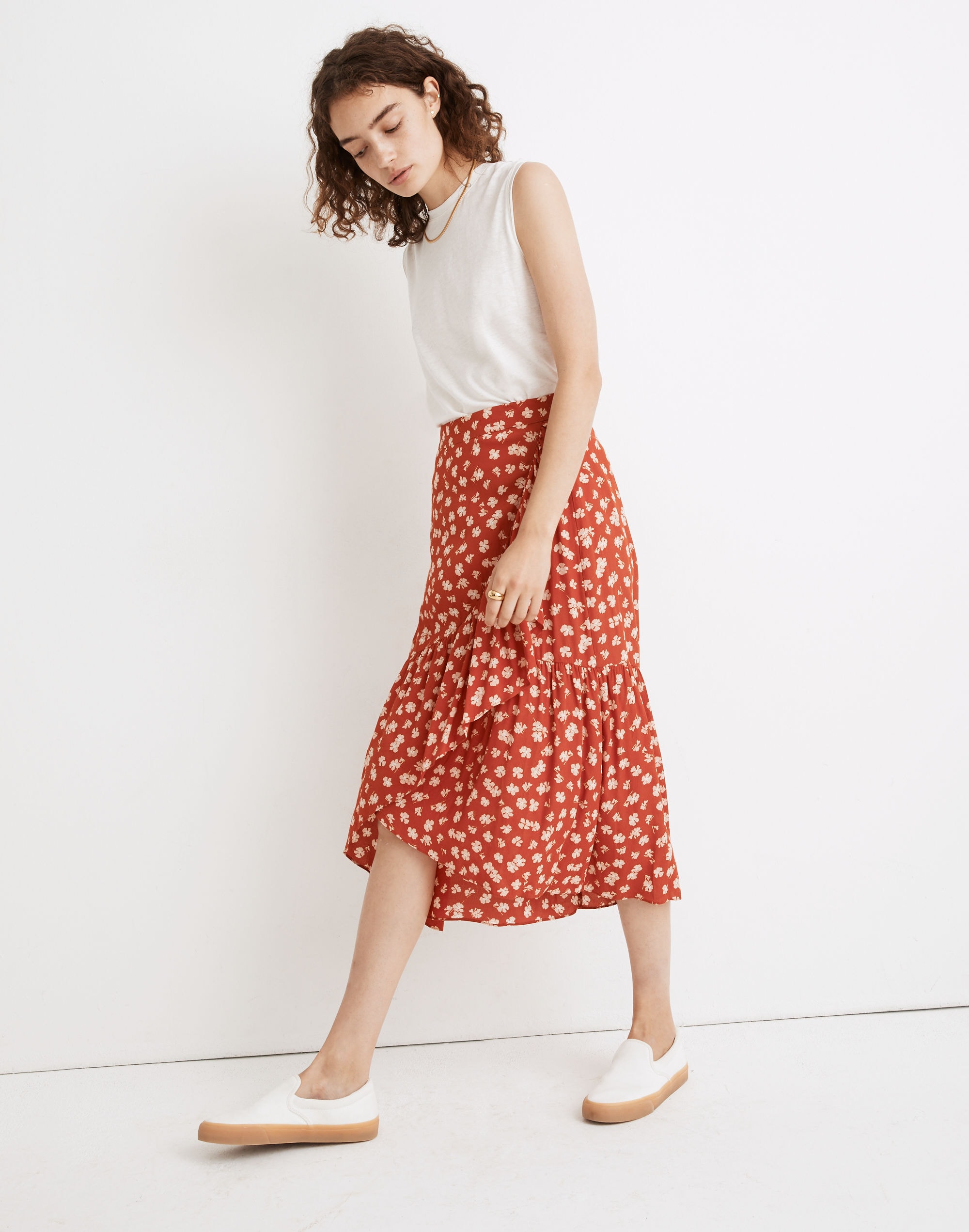 Ruffle-Wrap Midi Skirt in Happy Hibiscus