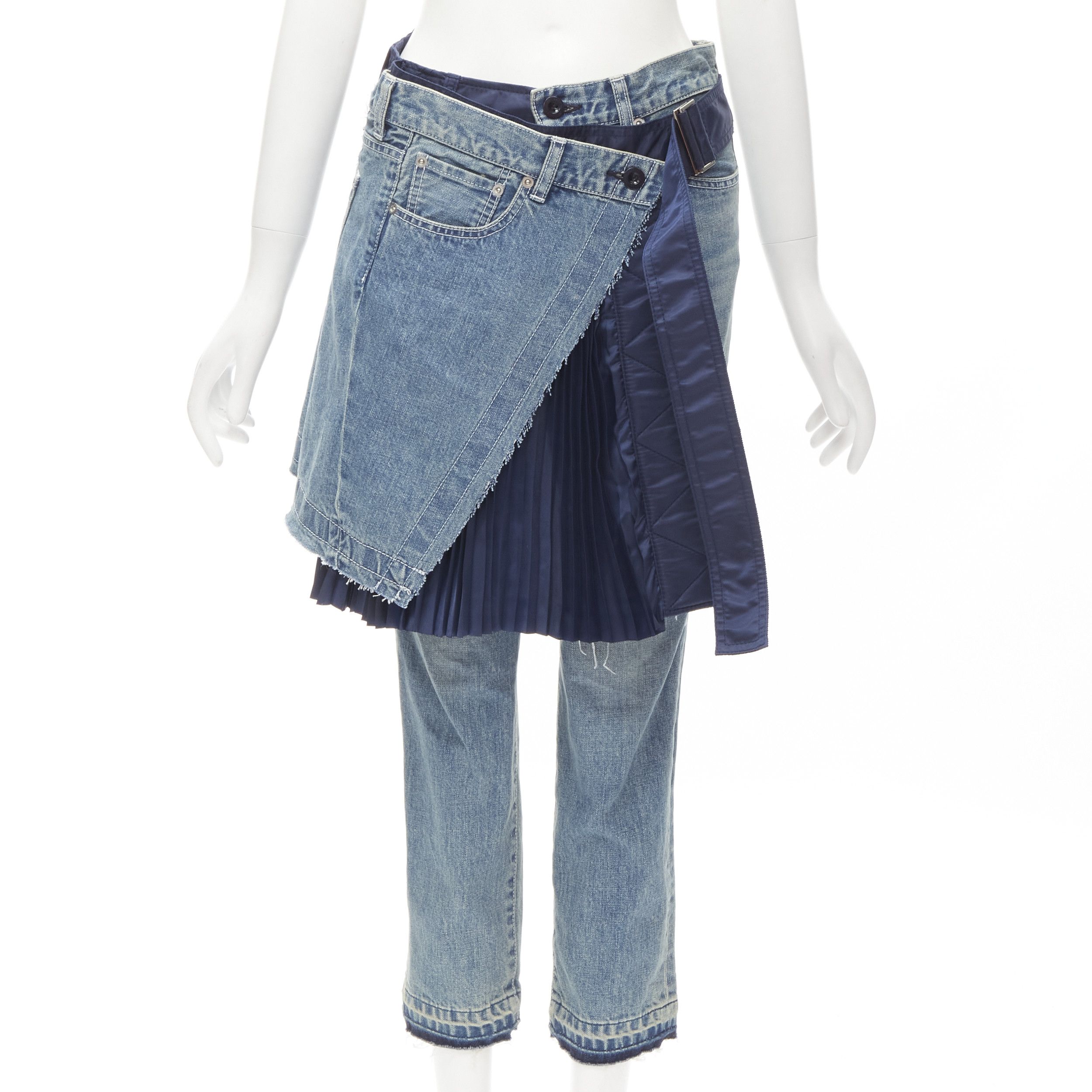 Sacai Deconstructed Denim Pleated Wrap Skirt Layered Ripped Jeans Xs in Blue, Women's (Size 26)