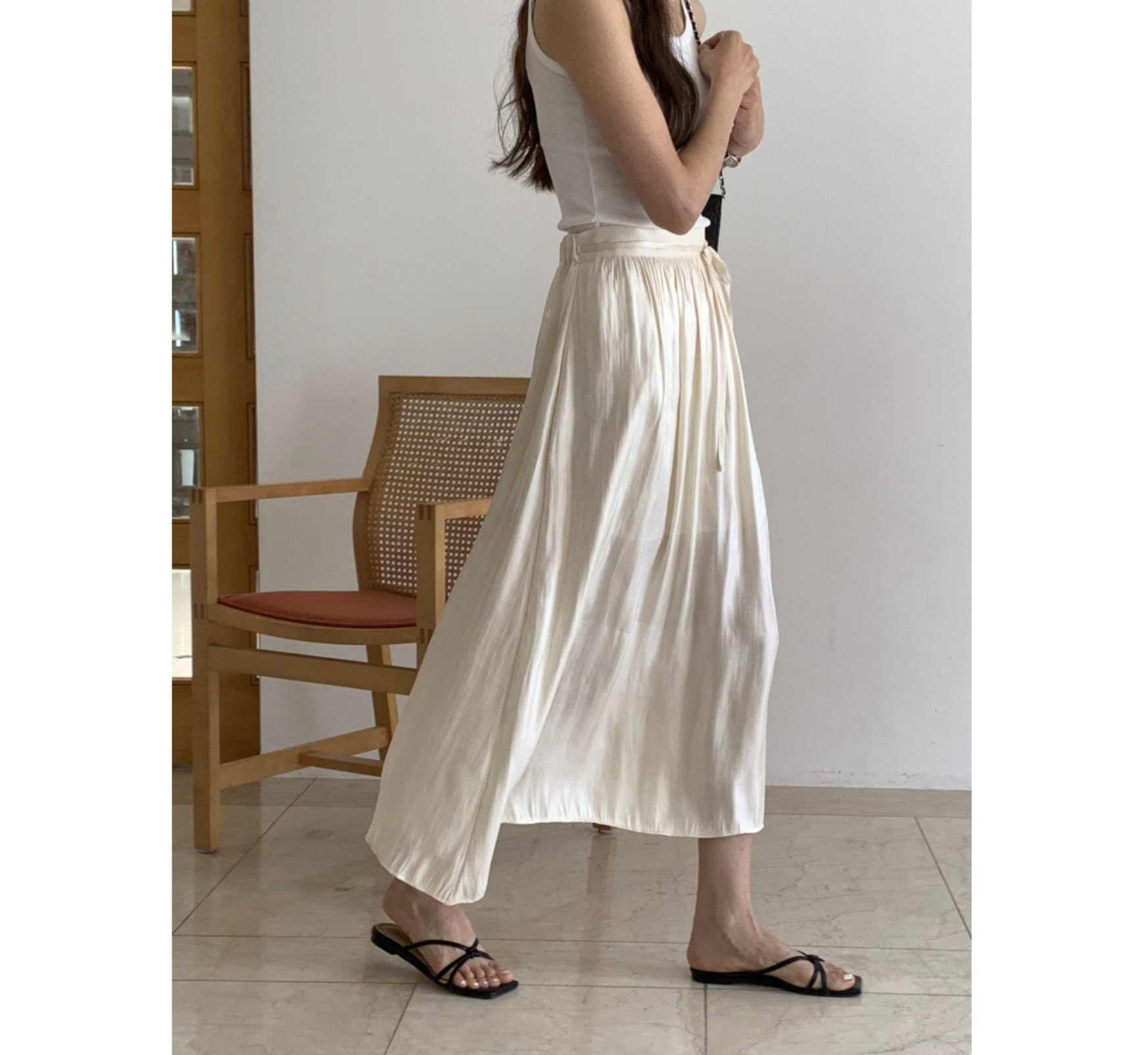 Satin Flared Skirt - High-Waisted Wrap Skirt Skirt- Long Skirts For Women Flare Black Satin