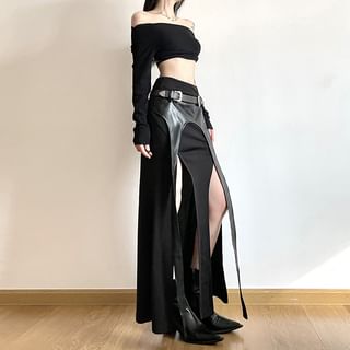 Set: High Waist Plain High-Low Panel Faux Leather Maxi Pencil Skirt + Belt