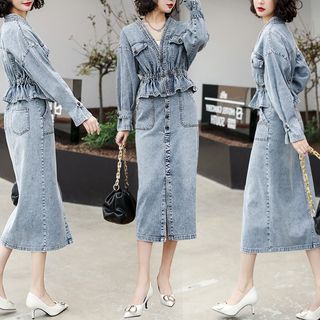 Set: V-Neck Washed Peplum Button Denim Jacket + High Rise Slit Midi Pencil Skirt