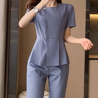 Short-Sleeve Peplum Plain Blouse / Dress Pants / Skirt / Set