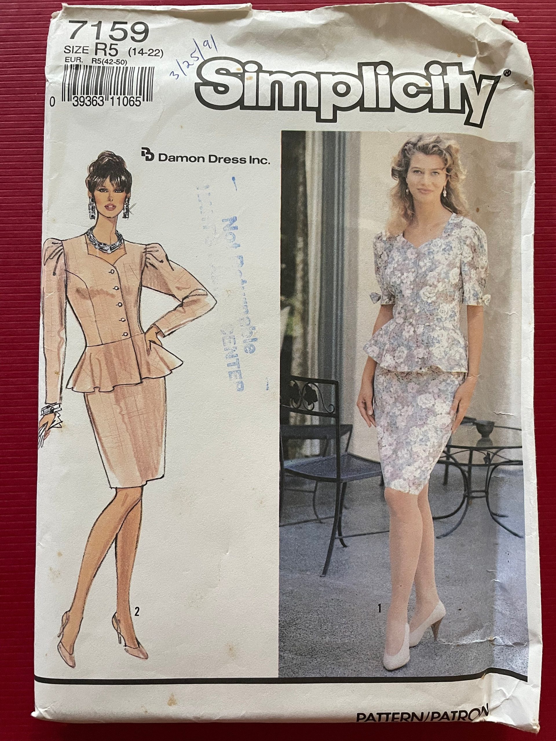 Simplicity 7159 Pattern Uncut 1990S Vintage Damon Dress Inc Easy Two Piece Princess Seamed Top Peplum Pencil Skirt Size 14 16 18 20 22