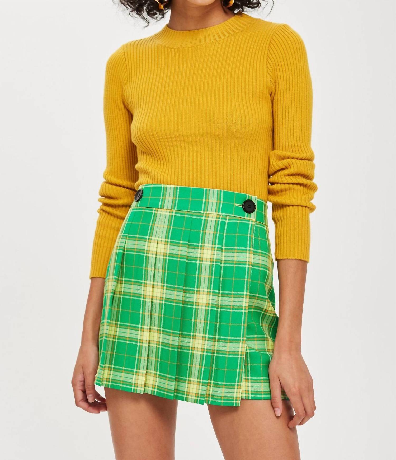 Tartan Pleated Wrap Mini Skirt In Green