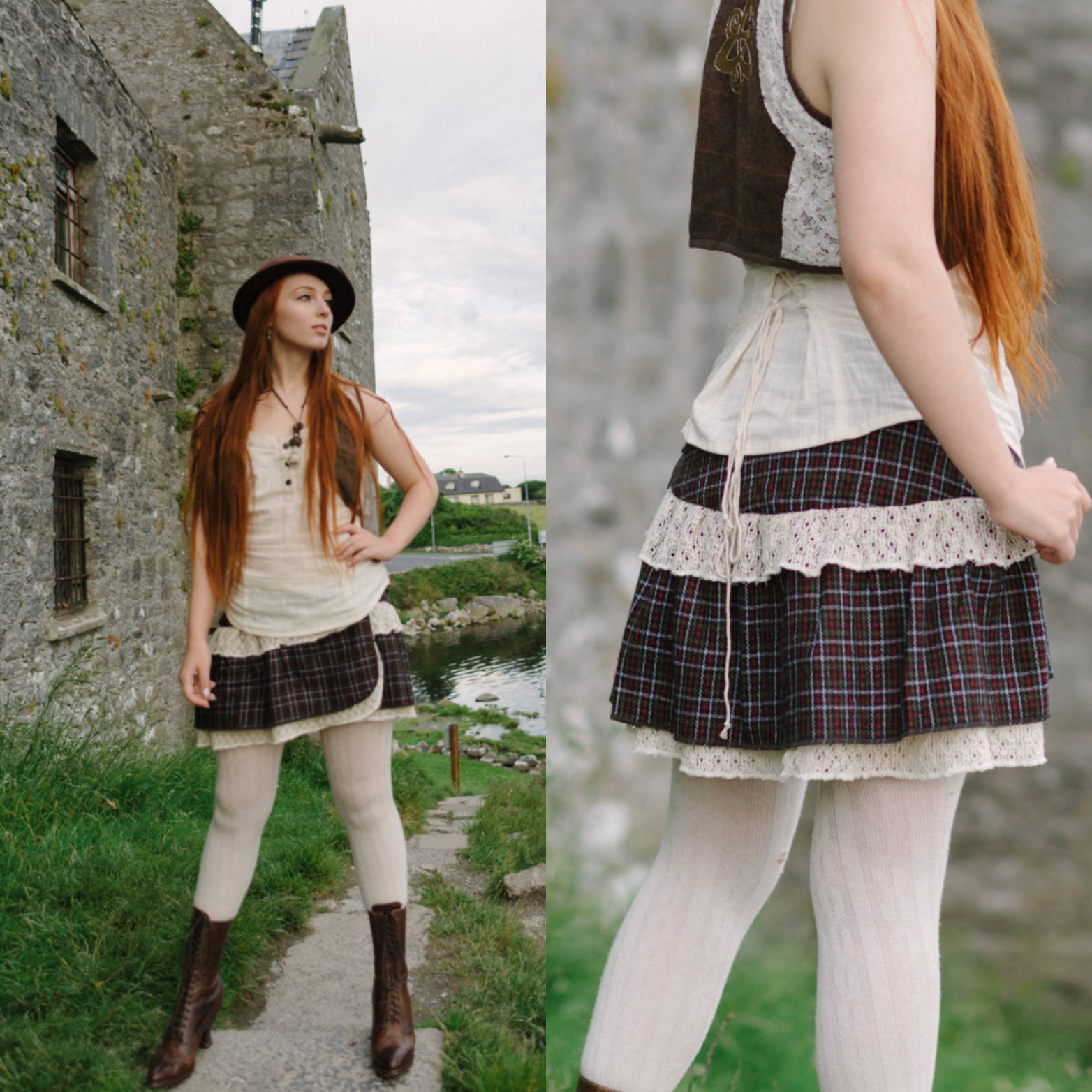 Tarty Tartan Skirt | Lacey Wrap Tweed Wool Skirt, Folk Mori Kei Woman's Kilt, Short Wrap, Steampunk, Celtic Fusion