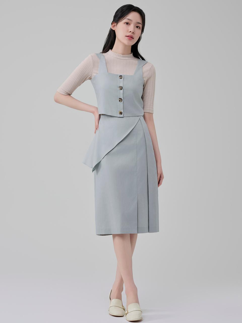 Tencel Cotton Peplum Pin-tuck Skirt [Blue Green]