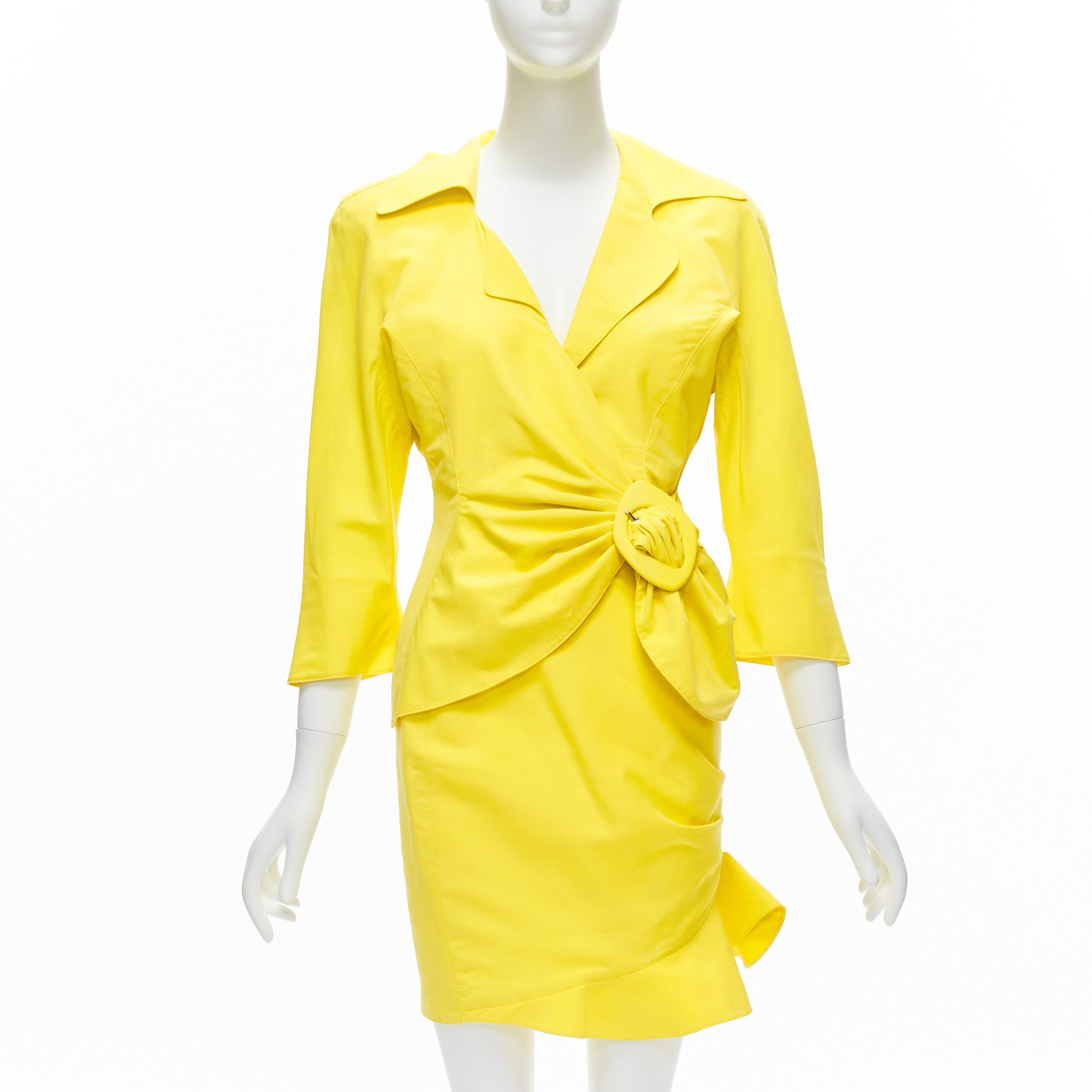 Thierry Mugler Vintage Bright Yellow Wrap Front Vampire Collar Ruffle Skirt Suit It7Ar, Women's (Size Small)