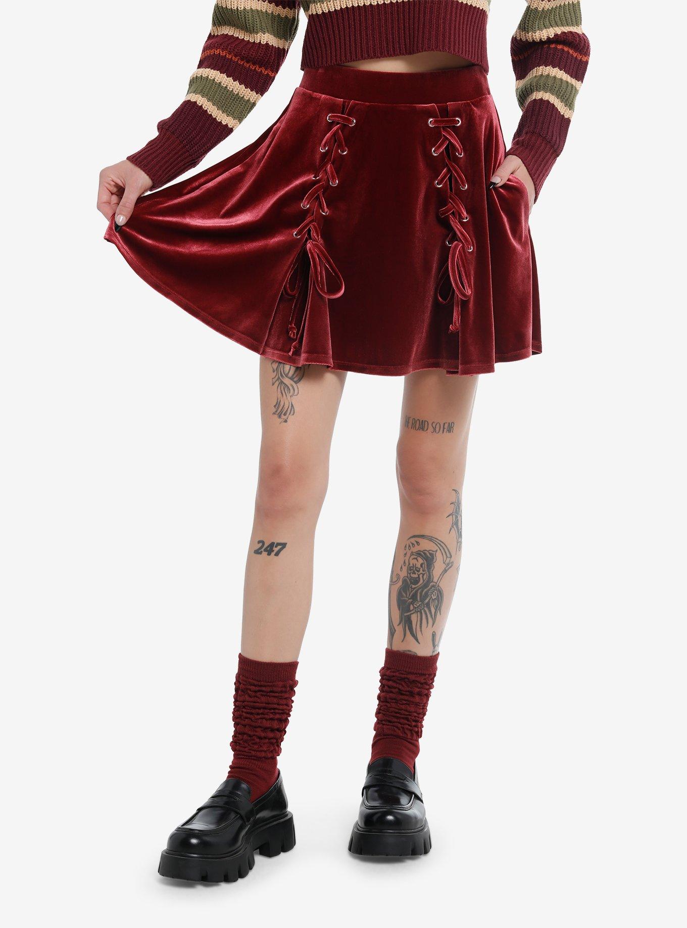 Thorn & Fable Burgundy Velvet Lace-Up Skater Skirt