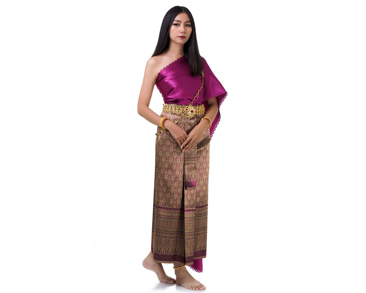 Traditional Thai Lao Khmer Woman Wedding Dress Chut Chakkri > 3 Pieces Wrap Skirt | Pha Nung + Top With Long Sash | Sabai Belt