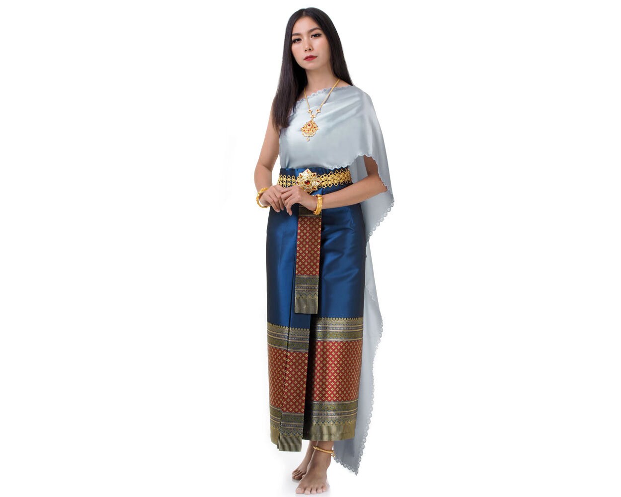 Traditional Thai Lao Khmer Woman Wedding Loi Krathong Dress Chut Chakkri > Wrap Skirt | Pha Nung + Top With Long Sash | Sabai Belt