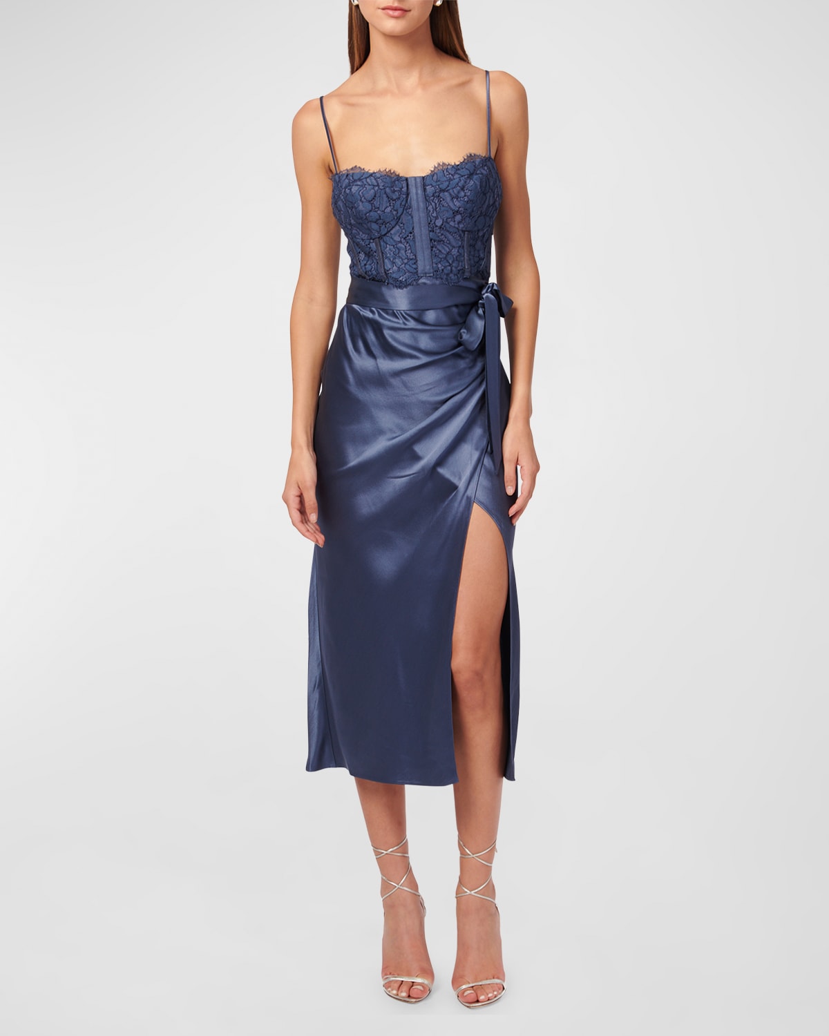 Tricia Bustier Lace Satin Wrap-Skirt Midi Dress