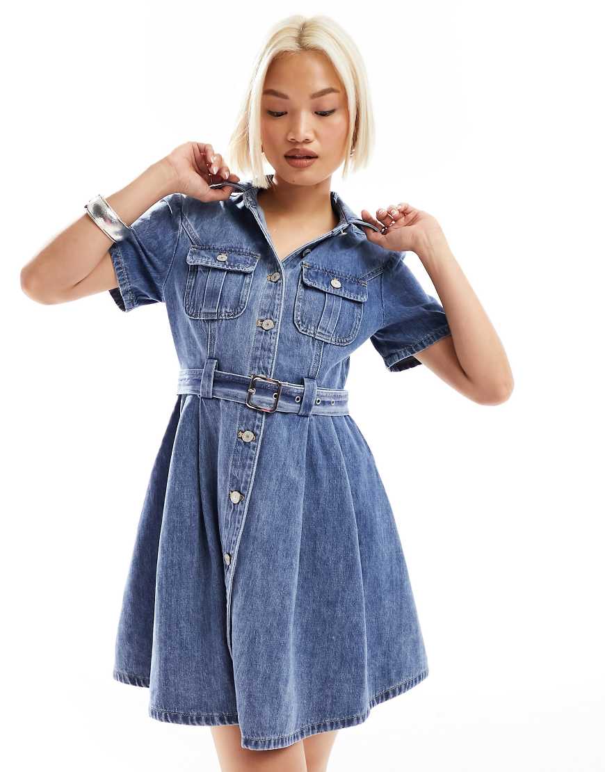 Urban Revivo button through denim skater skirt mini dress in blue