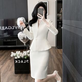 V-Neck Plain Peplum Concealed Button Blazer / High Waist Cropped Straight Leg Dress Pants / Mini Pencil Skirt / Long Sleeve V-Neck Plain Blouse / Set