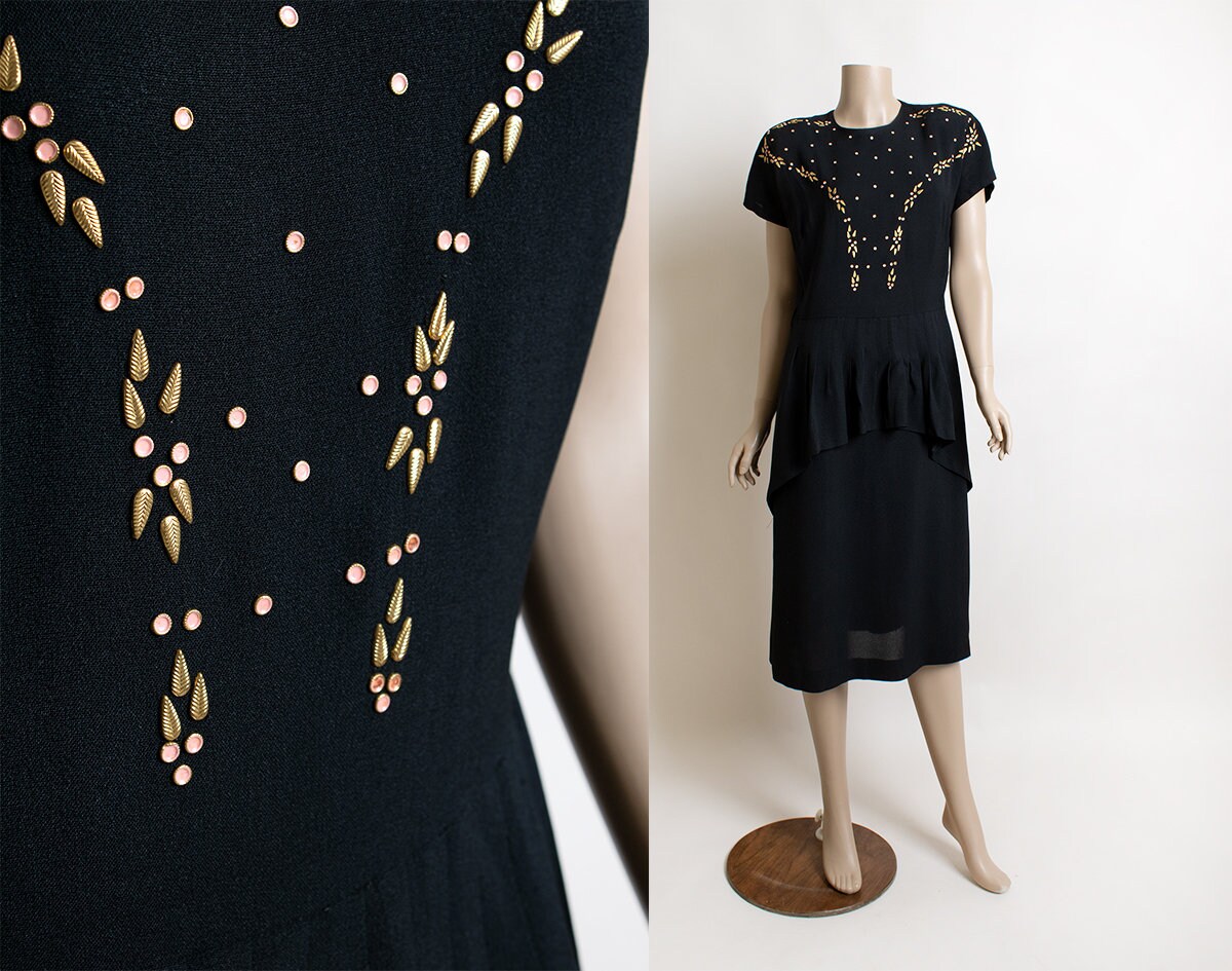 Vintage 1940S Dress - Studded & Beaded Black Rayon Formal With Peplum Skirt Medium Large