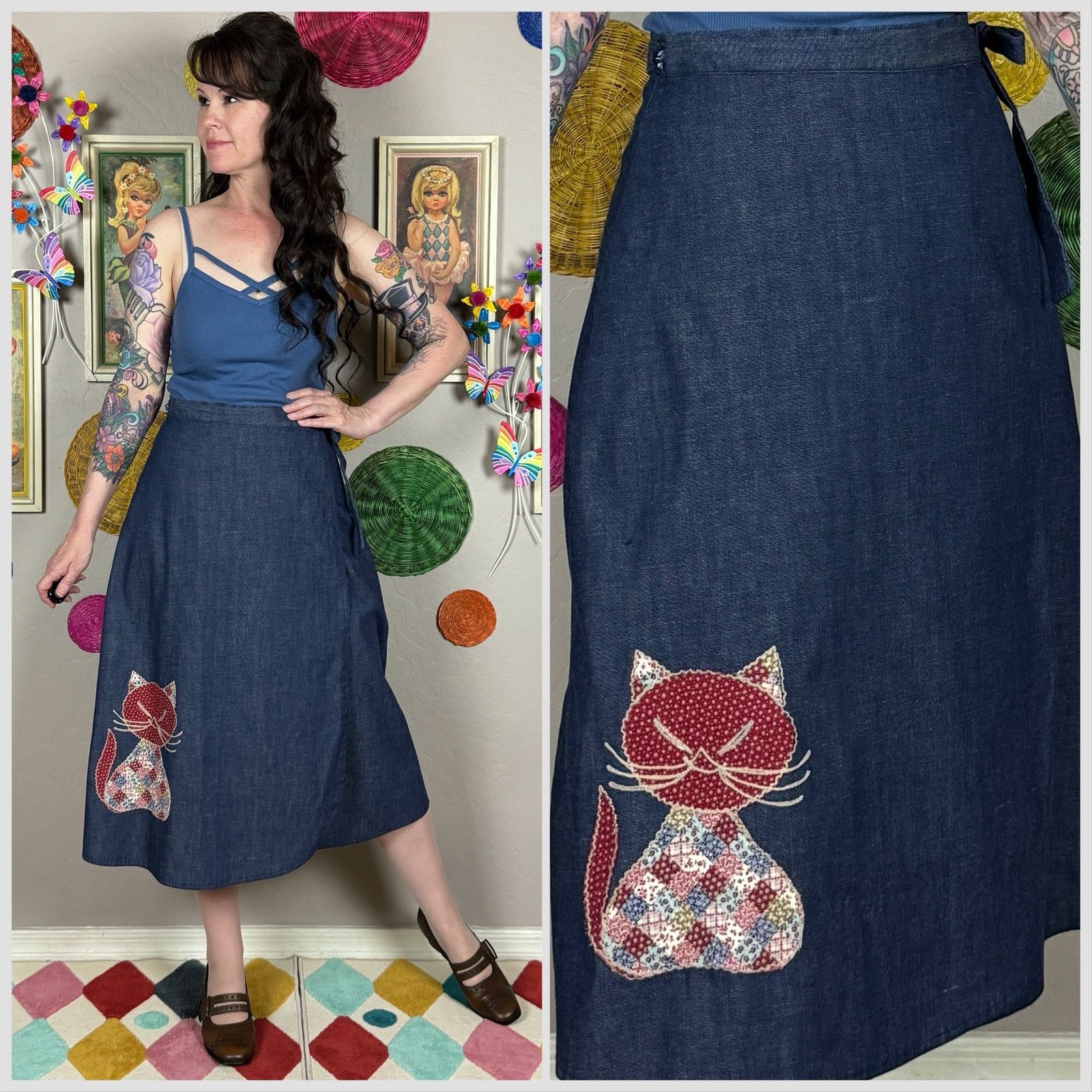 Vintage 1970S Denim Midi Wrap Skirt With Patchwork Cat Appliqué in Blue, Women's (Size 30)